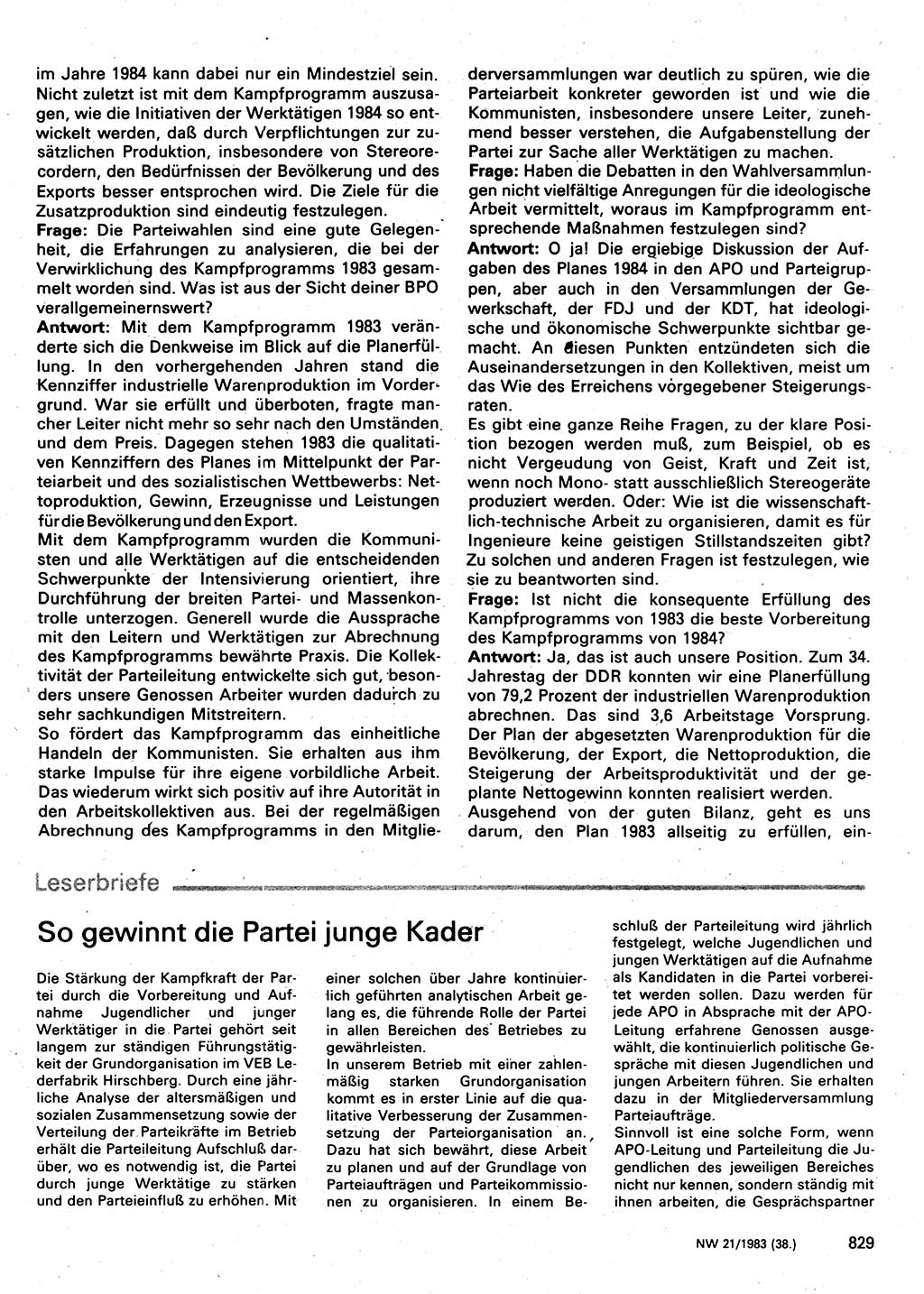 Neuer Weg (NW), Organ des Zentralkomitees (ZK) der SED (Sozialistische Einheitspartei Deutschlands) für Fragen des Parteilebens, 38. Jahrgang [Deutsche Demokratische Republik (DDR)] 1983, Seite 829 (NW ZK SED DDR 1983, S. 829)