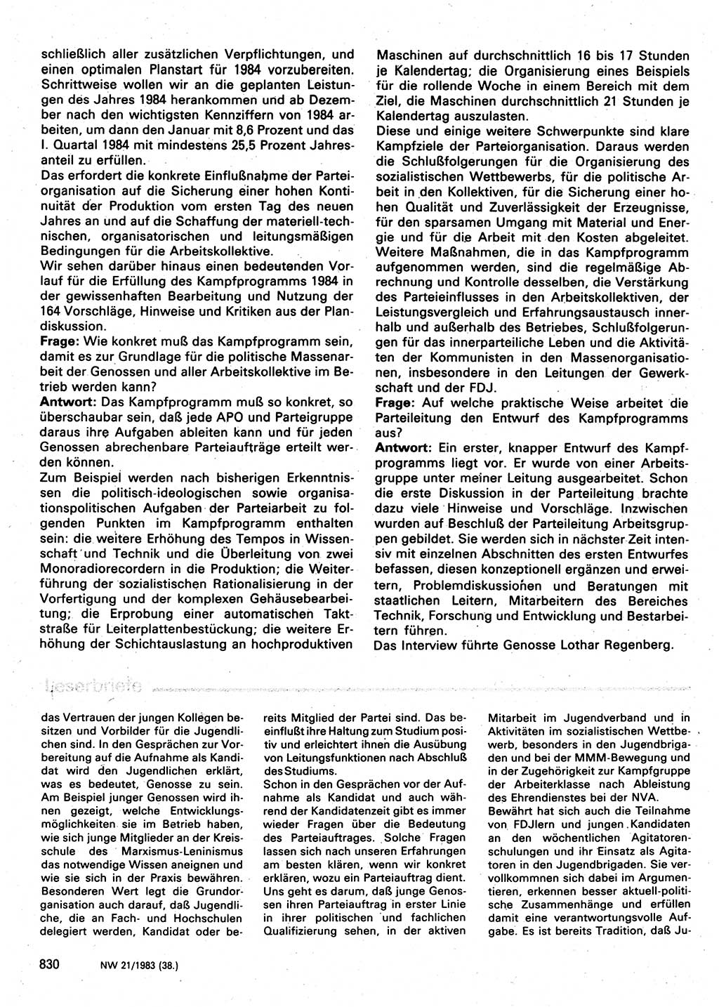 Neuer Weg (NW), Organ des Zentralkomitees (ZK) der SED (Sozialistische Einheitspartei Deutschlands) für Fragen des Parteilebens, 38. Jahrgang [Deutsche Demokratische Republik (DDR)] 1983, Seite 830 (NW ZK SED DDR 1983, S. 830)