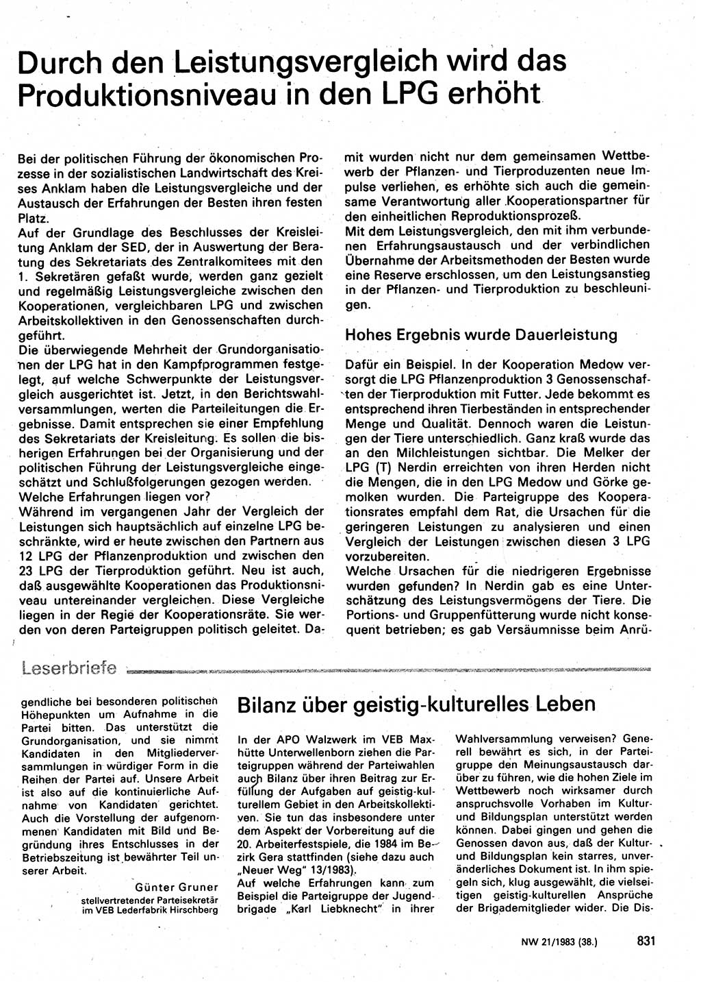 Neuer Weg (NW), Organ des Zentralkomitees (ZK) der SED (Sozialistische Einheitspartei Deutschlands) für Fragen des Parteilebens, 38. Jahrgang [Deutsche Demokratische Republik (DDR)] 1983, Seite 831 (NW ZK SED DDR 1983, S. 831)