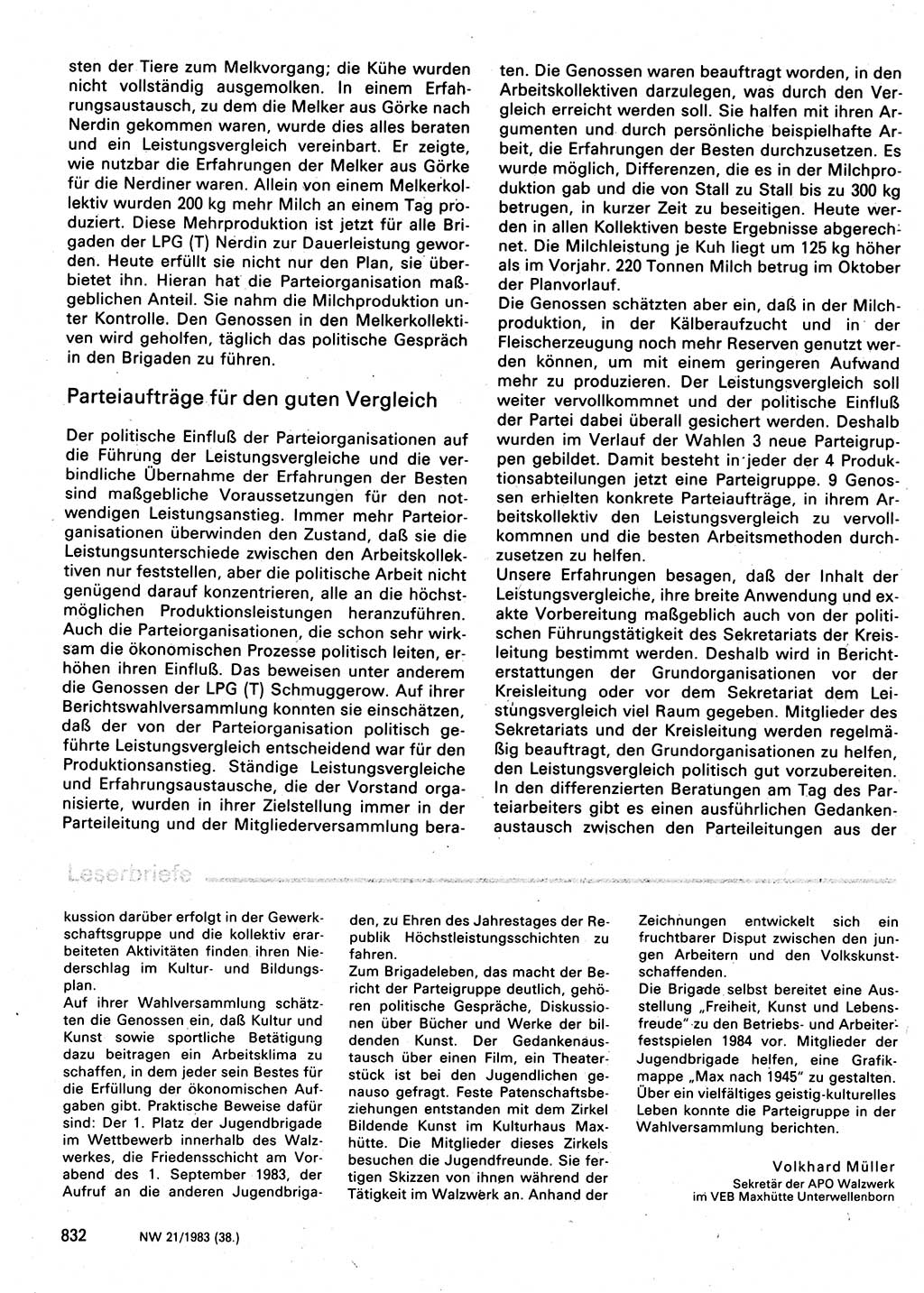 Neuer Weg (NW), Organ des Zentralkomitees (ZK) der SED (Sozialistische Einheitspartei Deutschlands) für Fragen des Parteilebens, 38. Jahrgang [Deutsche Demokratische Republik (DDR)] 1983, Seite 832 (NW ZK SED DDR 1983, S. 832)