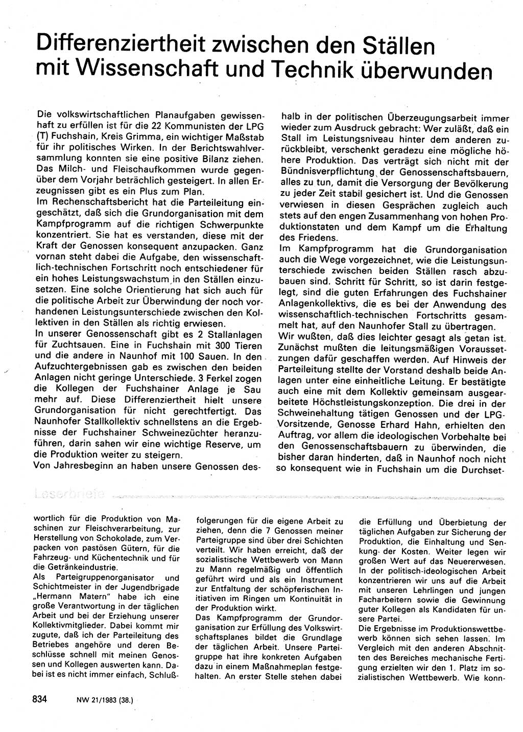 Neuer Weg (NW), Organ des Zentralkomitees (ZK) der SED (Sozialistische Einheitspartei Deutschlands) für Fragen des Parteilebens, 38. Jahrgang [Deutsche Demokratische Republik (DDR)] 1983, Seite 834 (NW ZK SED DDR 1983, S. 834)