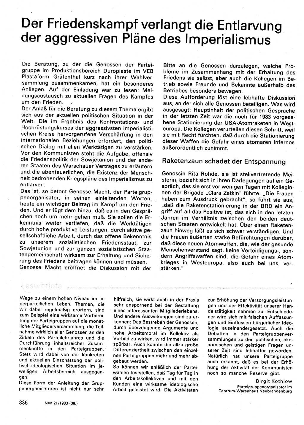 Neuer Weg (NW), Organ des Zentralkomitees (ZK) der SED (Sozialistische Einheitspartei Deutschlands) für Fragen des Parteilebens, 38. Jahrgang [Deutsche Demokratische Republik (DDR)] 1983, Seite 836 (NW ZK SED DDR 1983, S. 836)