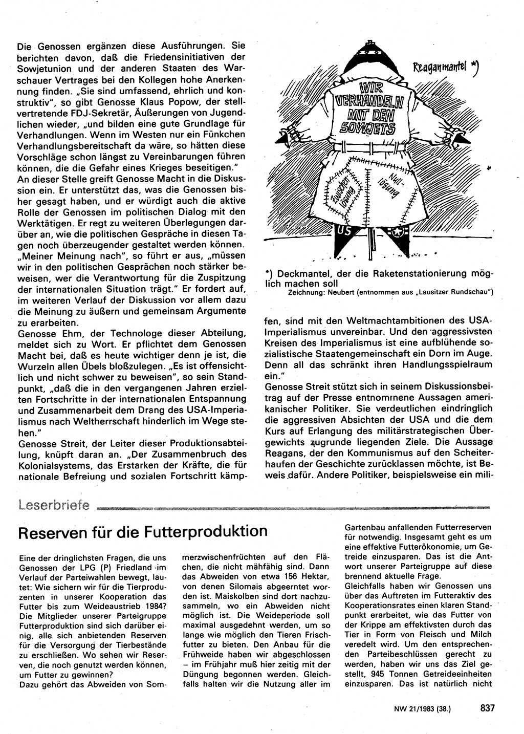 Neuer Weg (NW), Organ des Zentralkomitees (ZK) der SED (Sozialistische Einheitspartei Deutschlands) für Fragen des Parteilebens, 38. Jahrgang [Deutsche Demokratische Republik (DDR)] 1983, Seite 837 (NW ZK SED DDR 1983, S. 837)