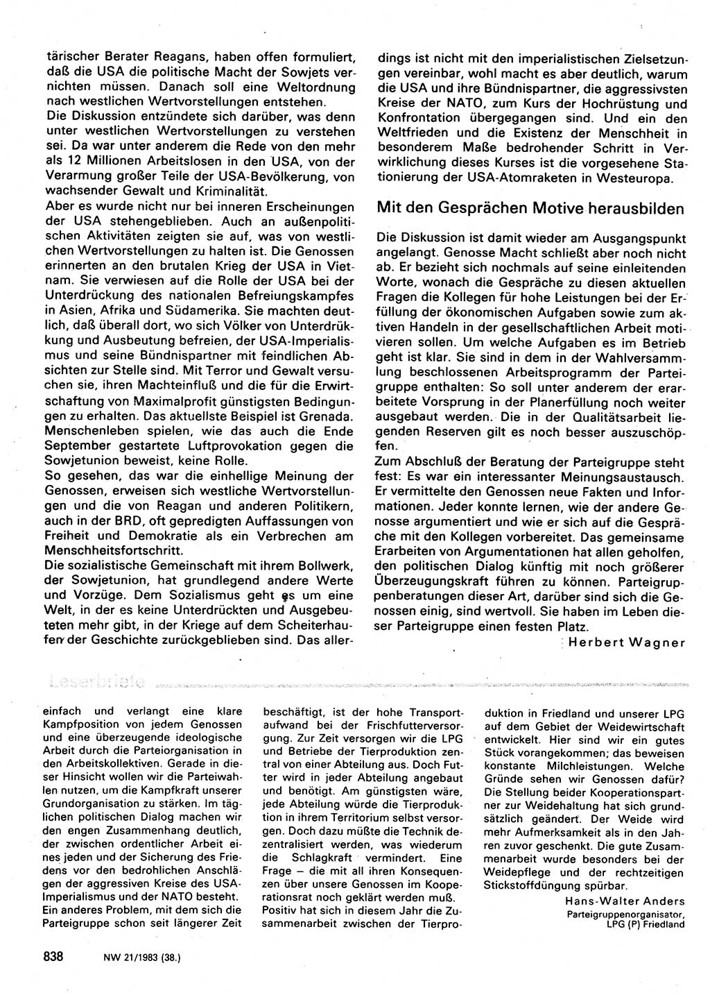 Neuer Weg (NW), Organ des Zentralkomitees (ZK) der SED (Sozialistische Einheitspartei Deutschlands) für Fragen des Parteilebens, 38. Jahrgang [Deutsche Demokratische Republik (DDR)] 1983, Seite 838 (NW ZK SED DDR 1983, S. 838)