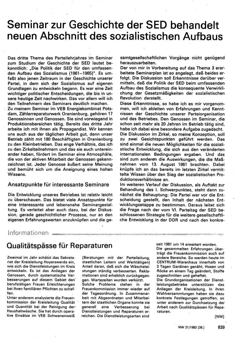Neuer Weg (NW), Organ des Zentralkomitees (ZK) der SED (Sozialistische Einheitspartei Deutschlands) für Fragen des Parteilebens, 38. Jahrgang [Deutsche Demokratische Republik (DDR)] 1983, Seite 839 (NW ZK SED DDR 1983, S. 839)