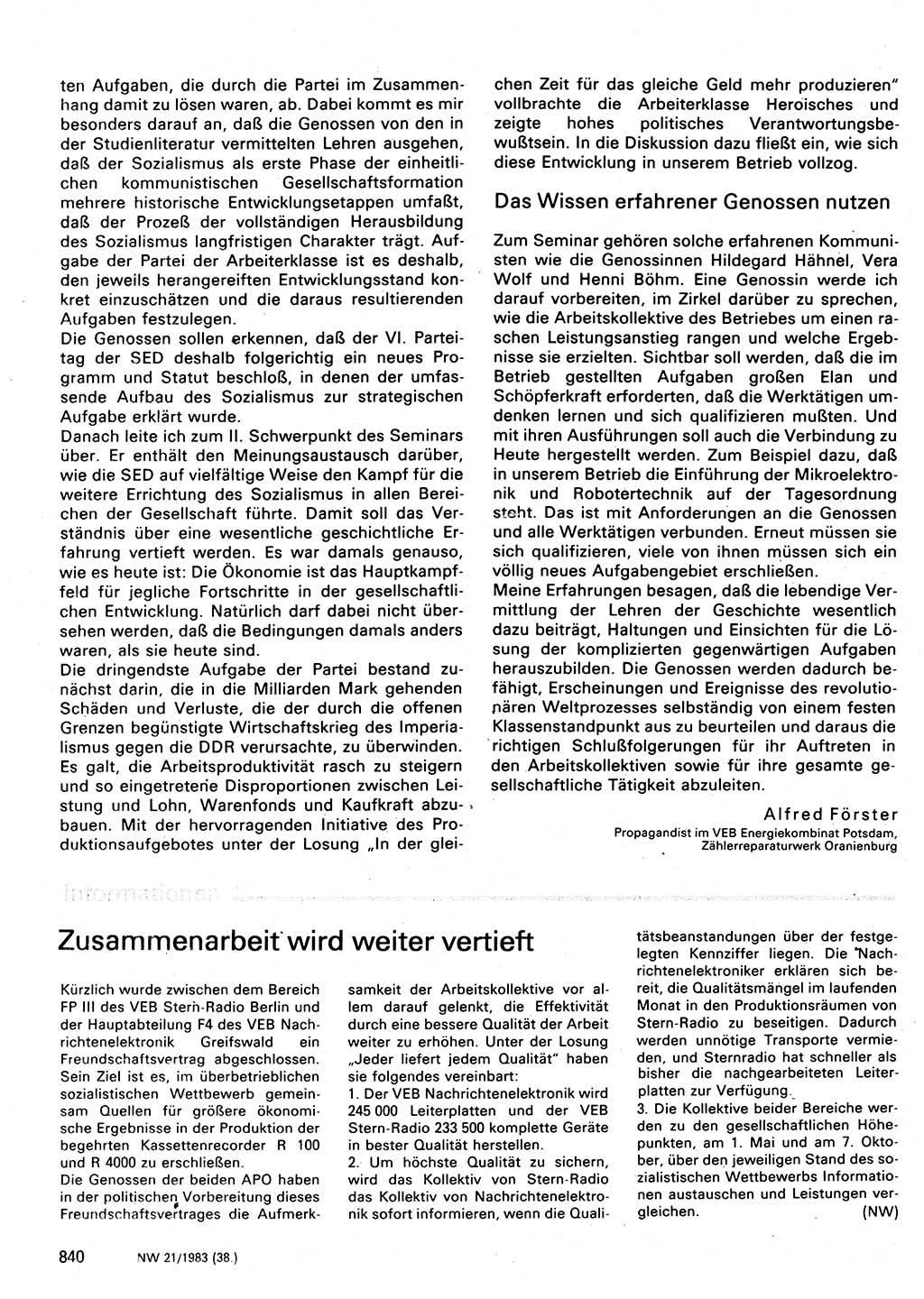 Neuer Weg (NW), Organ des Zentralkomitees (ZK) der SED (Sozialistische Einheitspartei Deutschlands) für Fragen des Parteilebens, 38. Jahrgang [Deutsche Demokratische Republik (DDR)] 1983, Seite 840 (NW ZK SED DDR 1983, S. 840)