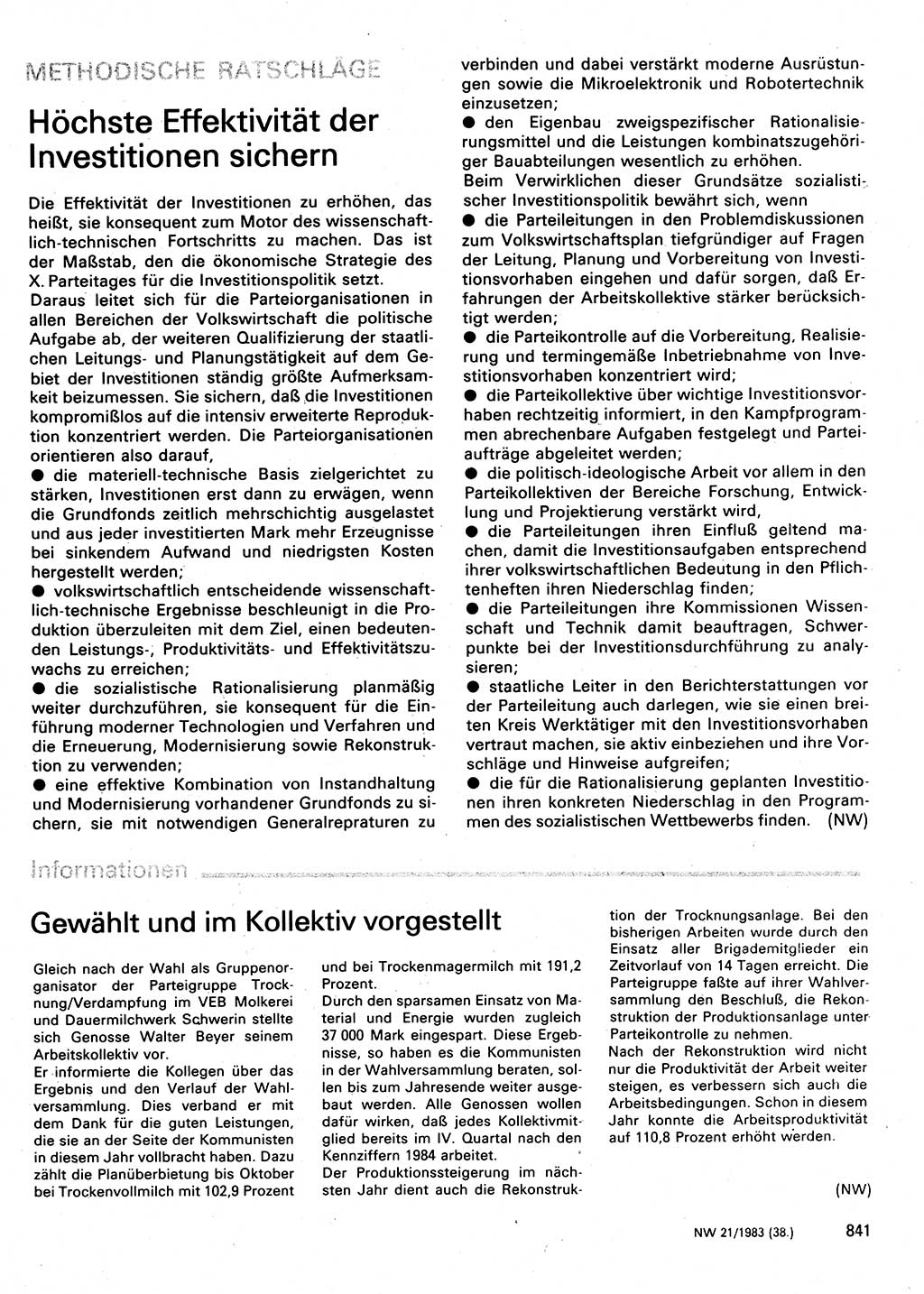 Neuer Weg (NW), Organ des Zentralkomitees (ZK) der SED (Sozialistische Einheitspartei Deutschlands) für Fragen des Parteilebens, 38. Jahrgang [Deutsche Demokratische Republik (DDR)] 1983, Seite 841 (NW ZK SED DDR 1983, S. 841)