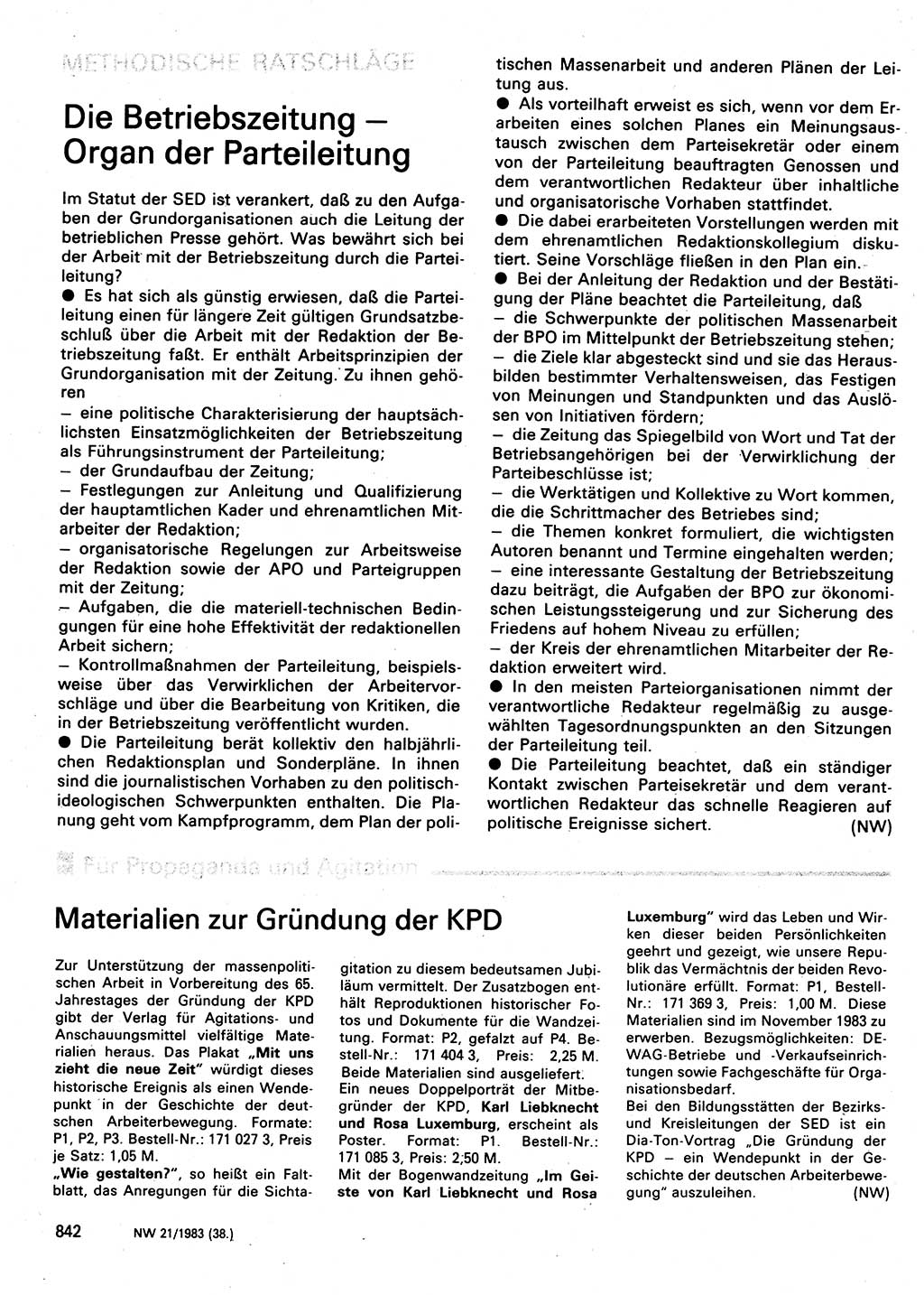 Neuer Weg (NW), Organ des Zentralkomitees (ZK) der SED (Sozialistische Einheitspartei Deutschlands) für Fragen des Parteilebens, 38. Jahrgang [Deutsche Demokratische Republik (DDR)] 1983, Seite 842 (NW ZK SED DDR 1983, S. 842)