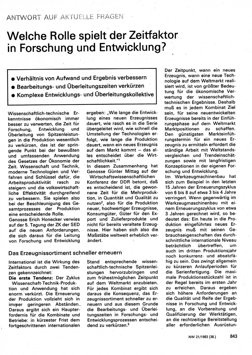 Neuer Weg (NW), Organ des Zentralkomitees (ZK) der SED (Sozialistische Einheitspartei Deutschlands) für Fragen des Parteilebens, 38. Jahrgang [Deutsche Demokratische Republik (DDR)] 1983, Seite 843 (NW ZK SED DDR 1983, S. 843)