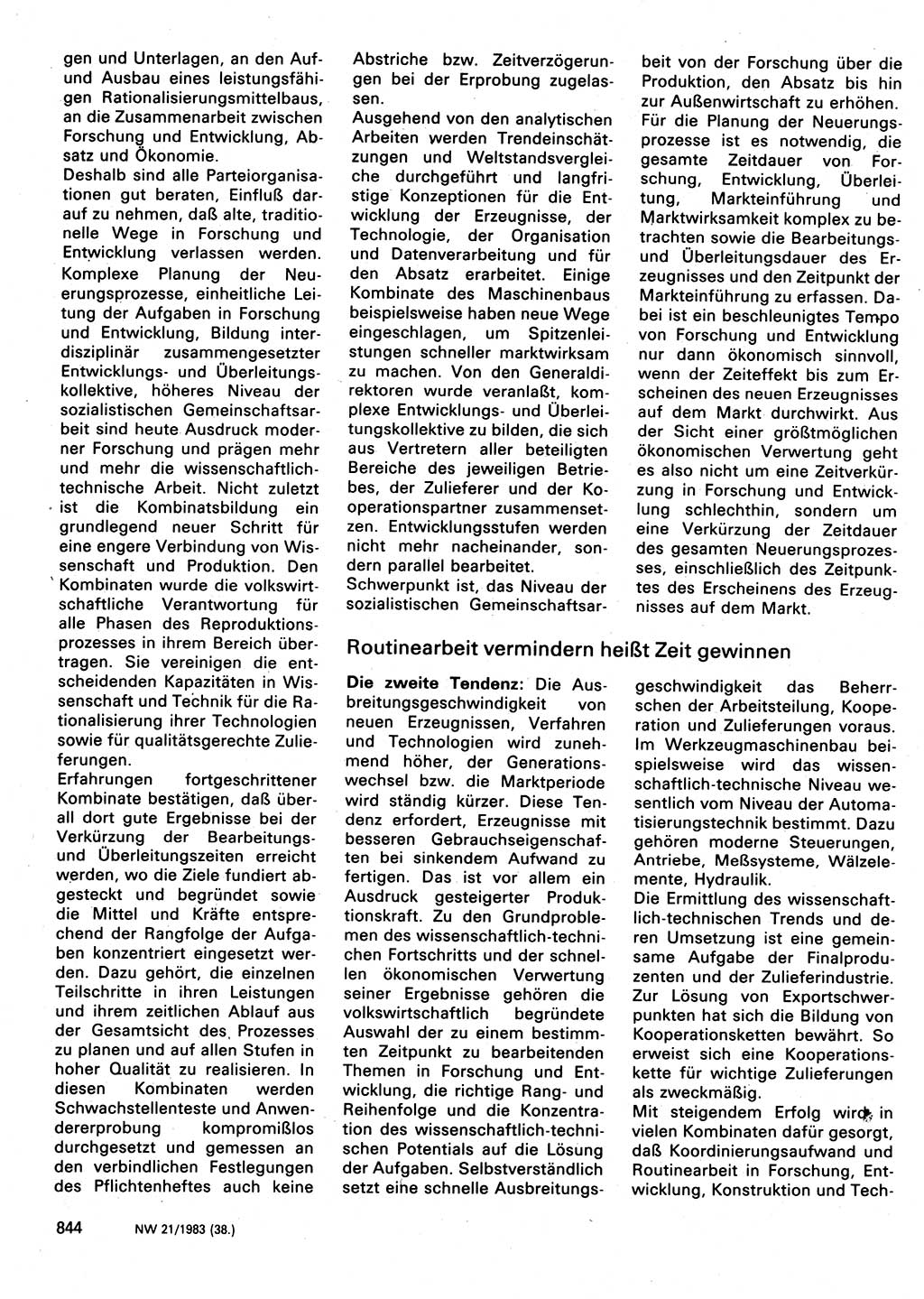 Neuer Weg (NW), Organ des Zentralkomitees (ZK) der SED (Sozialistische Einheitspartei Deutschlands) für Fragen des Parteilebens, 38. Jahrgang [Deutsche Demokratische Republik (DDR)] 1983, Seite 844 (NW ZK SED DDR 1983, S. 844)