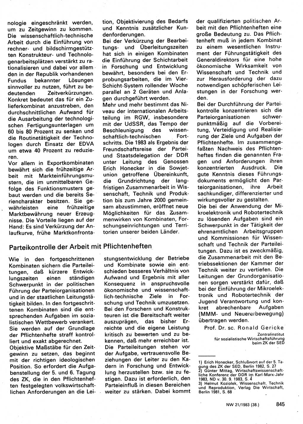 Neuer Weg (NW), Organ des Zentralkomitees (ZK) der SED (Sozialistische Einheitspartei Deutschlands) für Fragen des Parteilebens, 38. Jahrgang [Deutsche Demokratische Republik (DDR)] 1983, Seite 845 (NW ZK SED DDR 1983, S. 845)