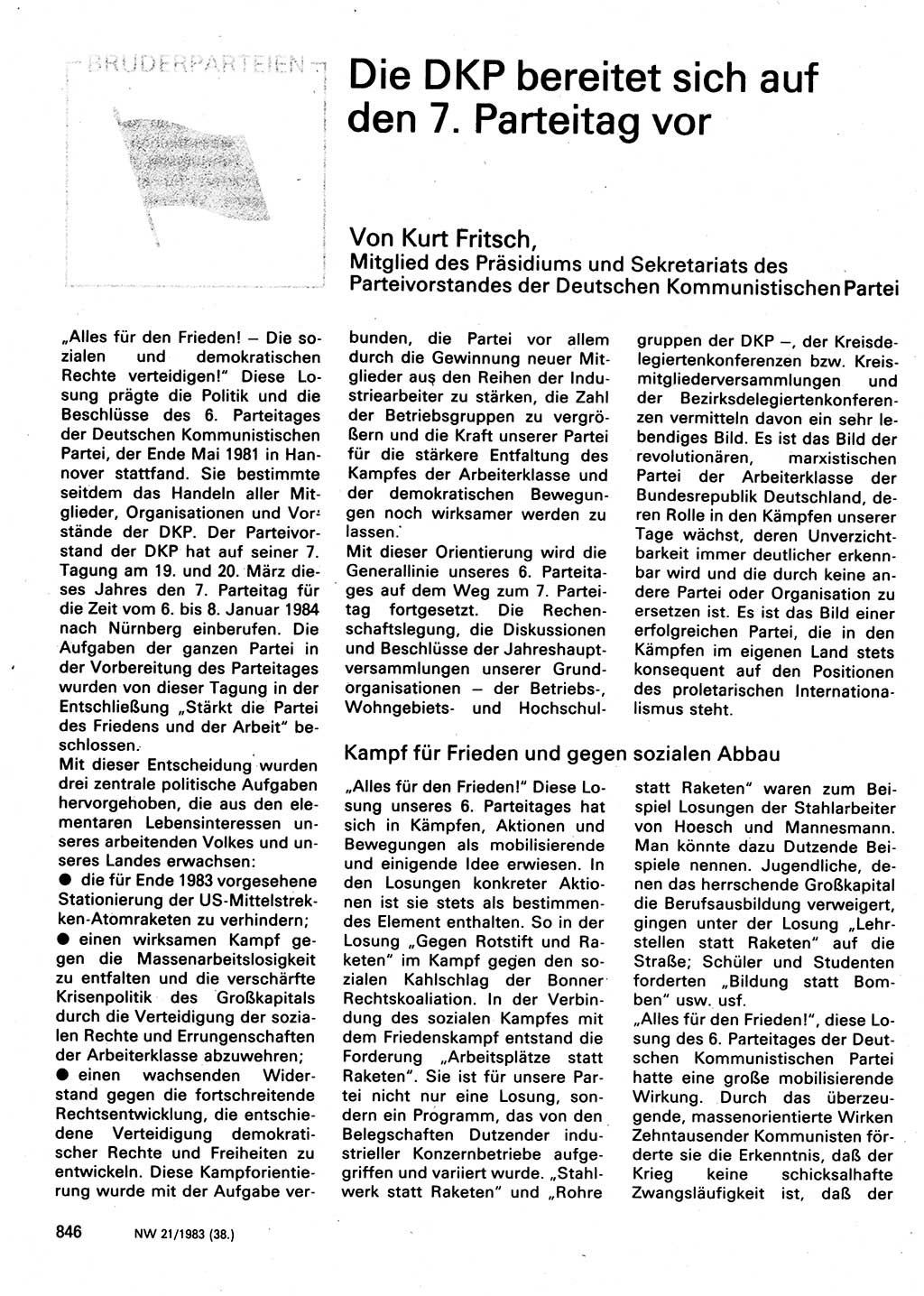 Neuer Weg (NW), Organ des Zentralkomitees (ZK) der SED (Sozialistische Einheitspartei Deutschlands) für Fragen des Parteilebens, 38. Jahrgang [Deutsche Demokratische Republik (DDR)] 1983, Seite 846 (NW ZK SED DDR 1983, S. 846)