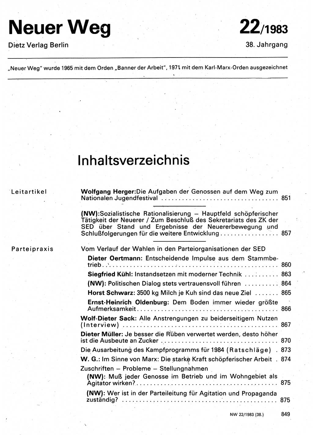 Neuer Weg (NW), Organ des Zentralkomitees (ZK) der SED (Sozialistische Einheitspartei Deutschlands) für Fragen des Parteilebens, 38. Jahrgang [Deutsche Demokratische Republik (DDR)] 1983, Seite 849 (NW ZK SED DDR 1983, S. 849)