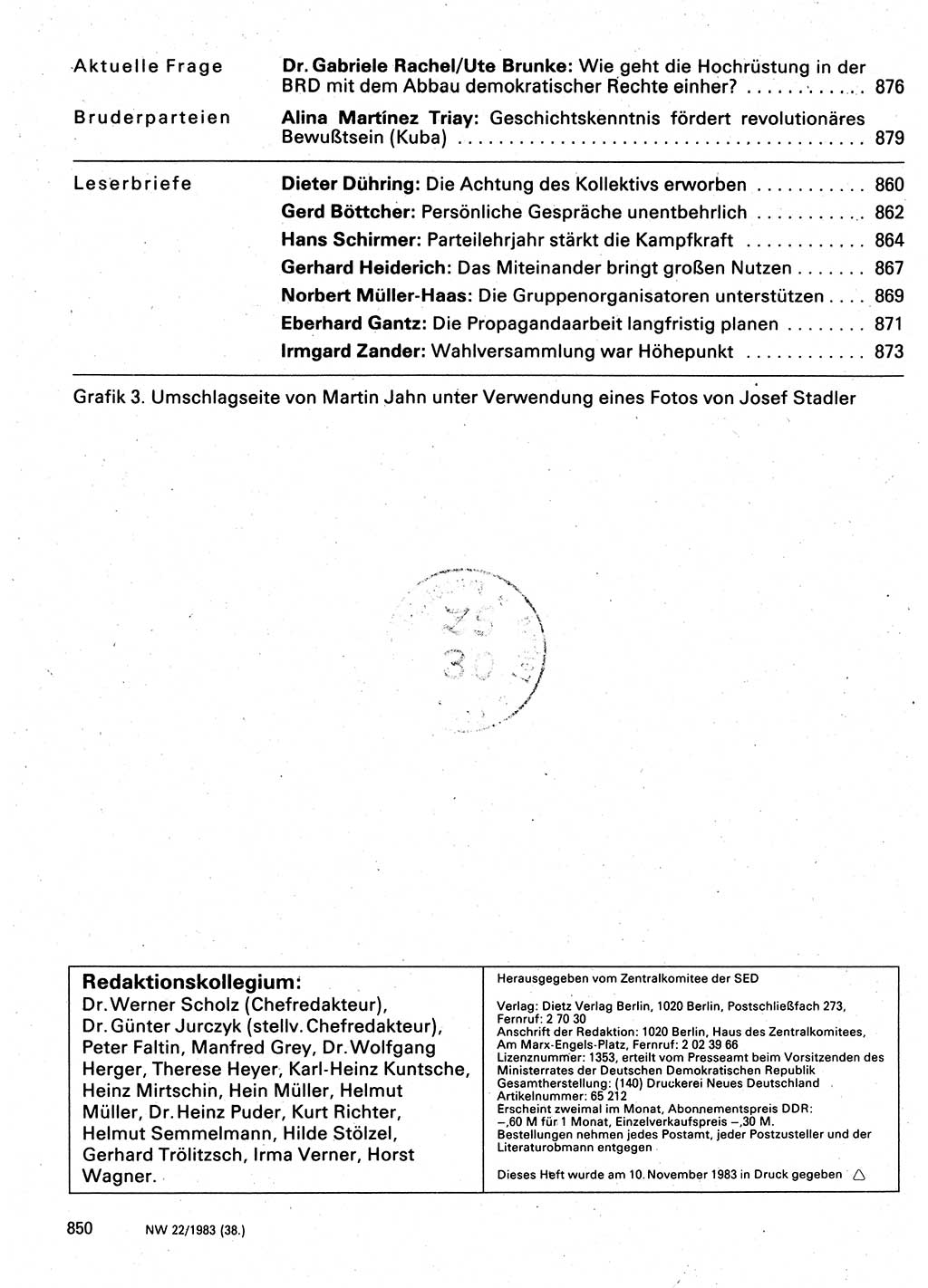 Neuer Weg (NW), Organ des Zentralkomitees (ZK) der SED (Sozialistische Einheitspartei Deutschlands) für Fragen des Parteilebens, 38. Jahrgang [Deutsche Demokratische Republik (DDR)] 1983, Seite 850 (NW ZK SED DDR 1983, S. 850)