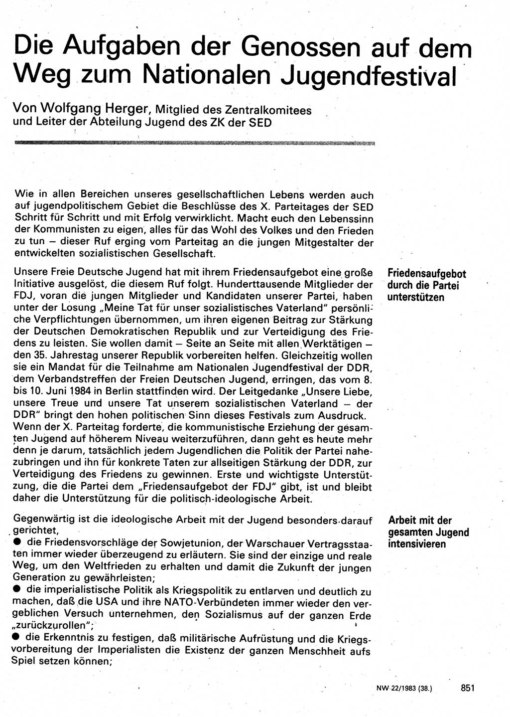 Neuer Weg (NW), Organ des Zentralkomitees (ZK) der SED (Sozialistische Einheitspartei Deutschlands) für Fragen des Parteilebens, 38. Jahrgang [Deutsche Demokratische Republik (DDR)] 1983, Seite 851 (NW ZK SED DDR 1983, S. 851)