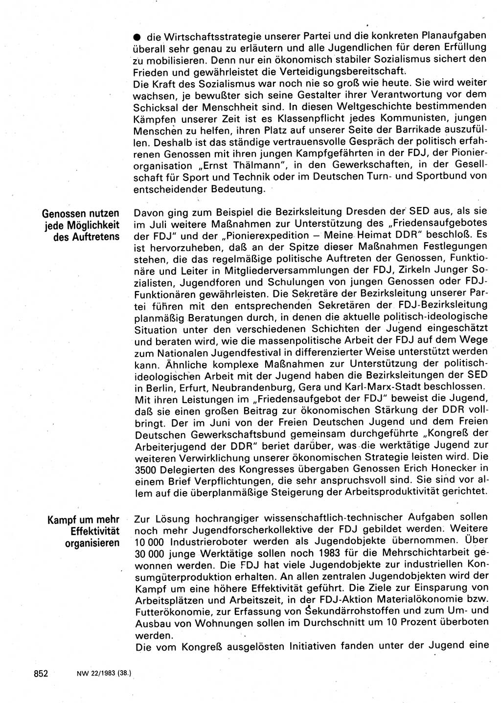 Neuer Weg (NW), Organ des Zentralkomitees (ZK) der SED (Sozialistische Einheitspartei Deutschlands) für Fragen des Parteilebens, 38. Jahrgang [Deutsche Demokratische Republik (DDR)] 1983, Seite 852 (NW ZK SED DDR 1983, S. 852)