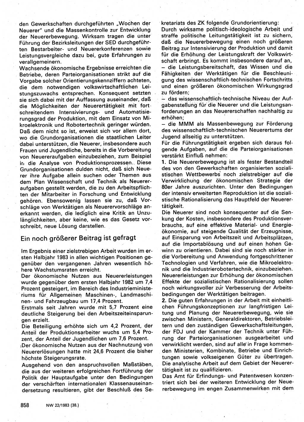 Neuer Weg (NW), Organ des Zentralkomitees (ZK) der SED (Sozialistische Einheitspartei Deutschlands) für Fragen des Parteilebens, 38. Jahrgang [Deutsche Demokratische Republik (DDR)] 1983, Seite 858 (NW ZK SED DDR 1983, S. 858)