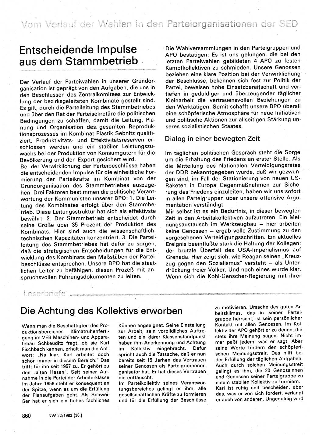 Neuer Weg (NW), Organ des Zentralkomitees (ZK) der SED (Sozialistische Einheitspartei Deutschlands) für Fragen des Parteilebens, 38. Jahrgang [Deutsche Demokratische Republik (DDR)] 1983, Seite 860 (NW ZK SED DDR 1983, S. 860)