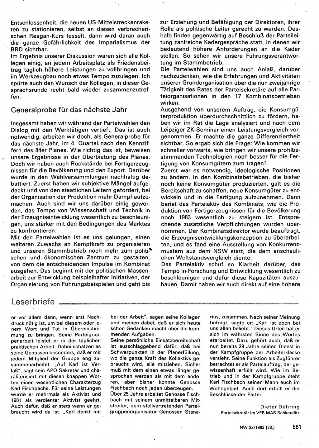 Neuer Weg (NW), Organ des Zentralkomitees (ZK) der SED (Sozialistische Einheitspartei Deutschlands) für Fragen des Parteilebens, 38. Jahrgang [Deutsche Demokratische Republik (DDR)] 1983, Seite 861 (NW ZK SED DDR 1983, S. 861)