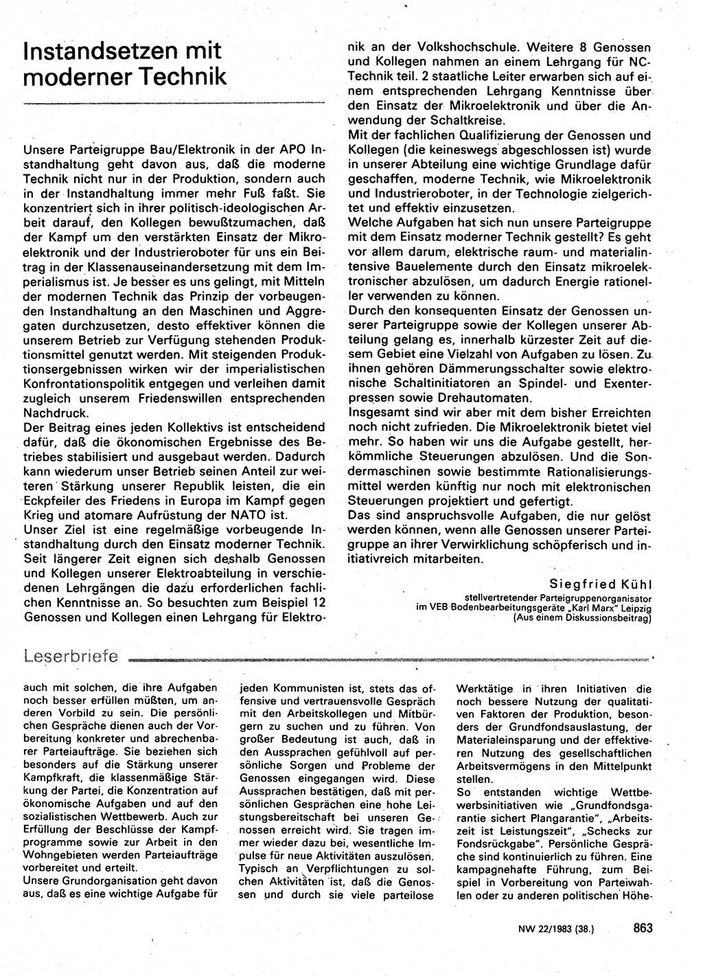 Neuer Weg (NW), Organ des Zentralkomitees (ZK) der SED (Sozialistische Einheitspartei Deutschlands) für Fragen des Parteilebens, 38. Jahrgang [Deutsche Demokratische Republik (DDR)] 1983, Seite 863 (NW ZK SED DDR 1983, S. 863)