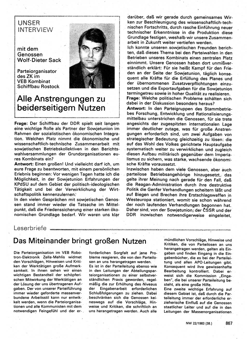 Neuer Weg (NW), Organ des Zentralkomitees (ZK) der SED (Sozialistische Einheitspartei Deutschlands) für Fragen des Parteilebens, 38. Jahrgang [Deutsche Demokratische Republik (DDR)] 1983, Seite 867 (NW ZK SED DDR 1983, S. 867)