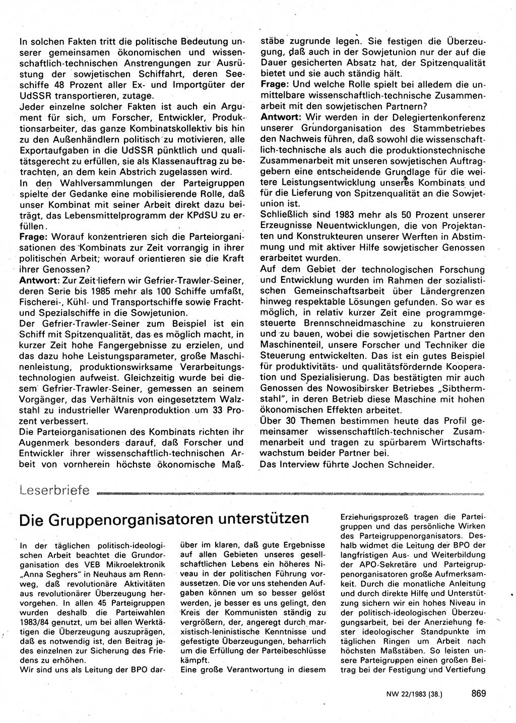 Neuer Weg (NW), Organ des Zentralkomitees (ZK) der SED (Sozialistische Einheitspartei Deutschlands) für Fragen des Parteilebens, 38. Jahrgang [Deutsche Demokratische Republik (DDR)] 1983, Seite 869 (NW ZK SED DDR 1983, S. 869)