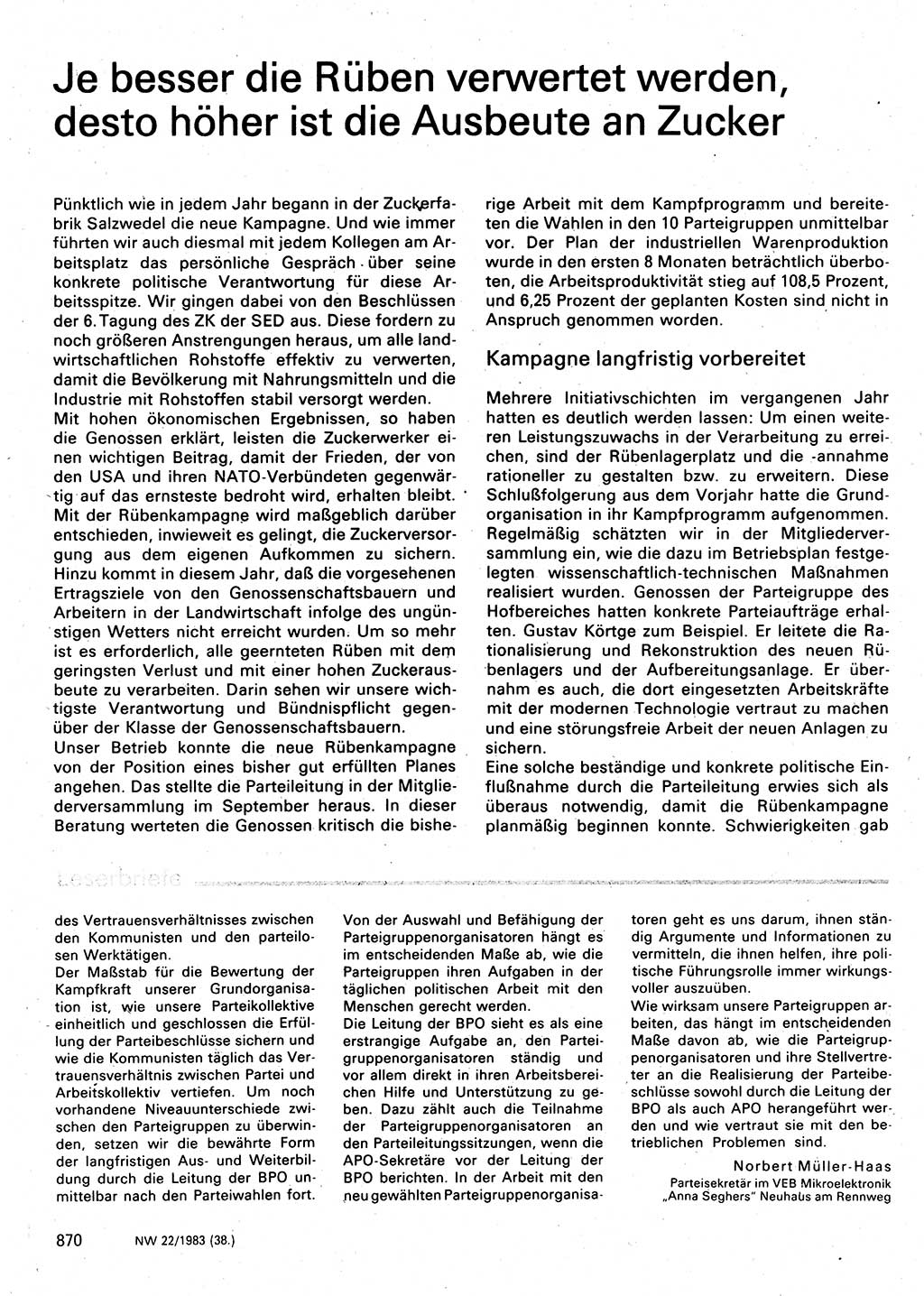 Neuer Weg (NW), Organ des Zentralkomitees (ZK) der SED (Sozialistische Einheitspartei Deutschlands) für Fragen des Parteilebens, 38. Jahrgang [Deutsche Demokratische Republik (DDR)] 1983, Seite 870 (NW ZK SED DDR 1983, S. 870)