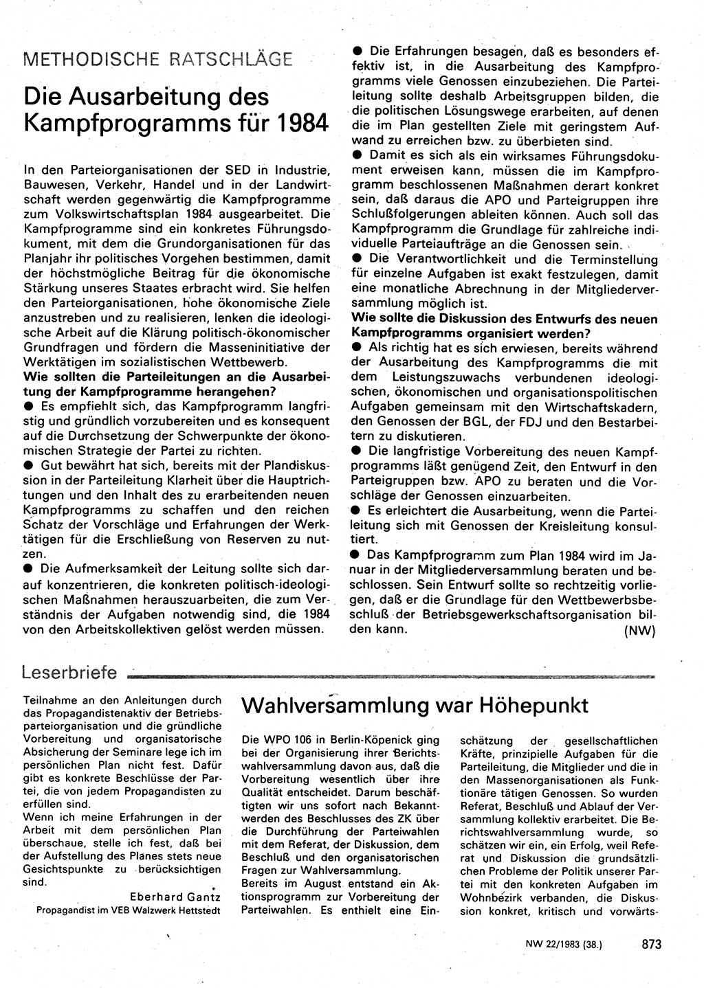 Neuer Weg (NW), Organ des Zentralkomitees (ZK) der SED (Sozialistische Einheitspartei Deutschlands) für Fragen des Parteilebens, 38. Jahrgang [Deutsche Demokratische Republik (DDR)] 1983, Seite 873 (NW ZK SED DDR 1983, S. 873)