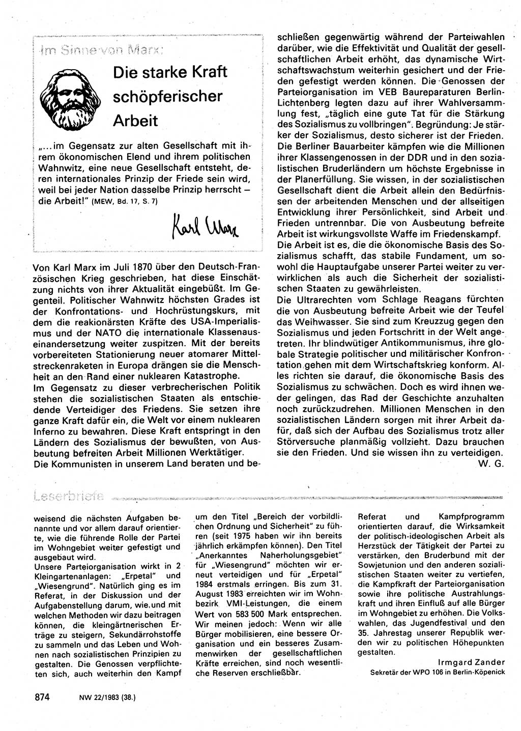 Neuer Weg (NW), Organ des Zentralkomitees (ZK) der SED (Sozialistische Einheitspartei Deutschlands) für Fragen des Parteilebens, 38. Jahrgang [Deutsche Demokratische Republik (DDR)] 1983, Seite 874 (NW ZK SED DDR 1983, S. 874)