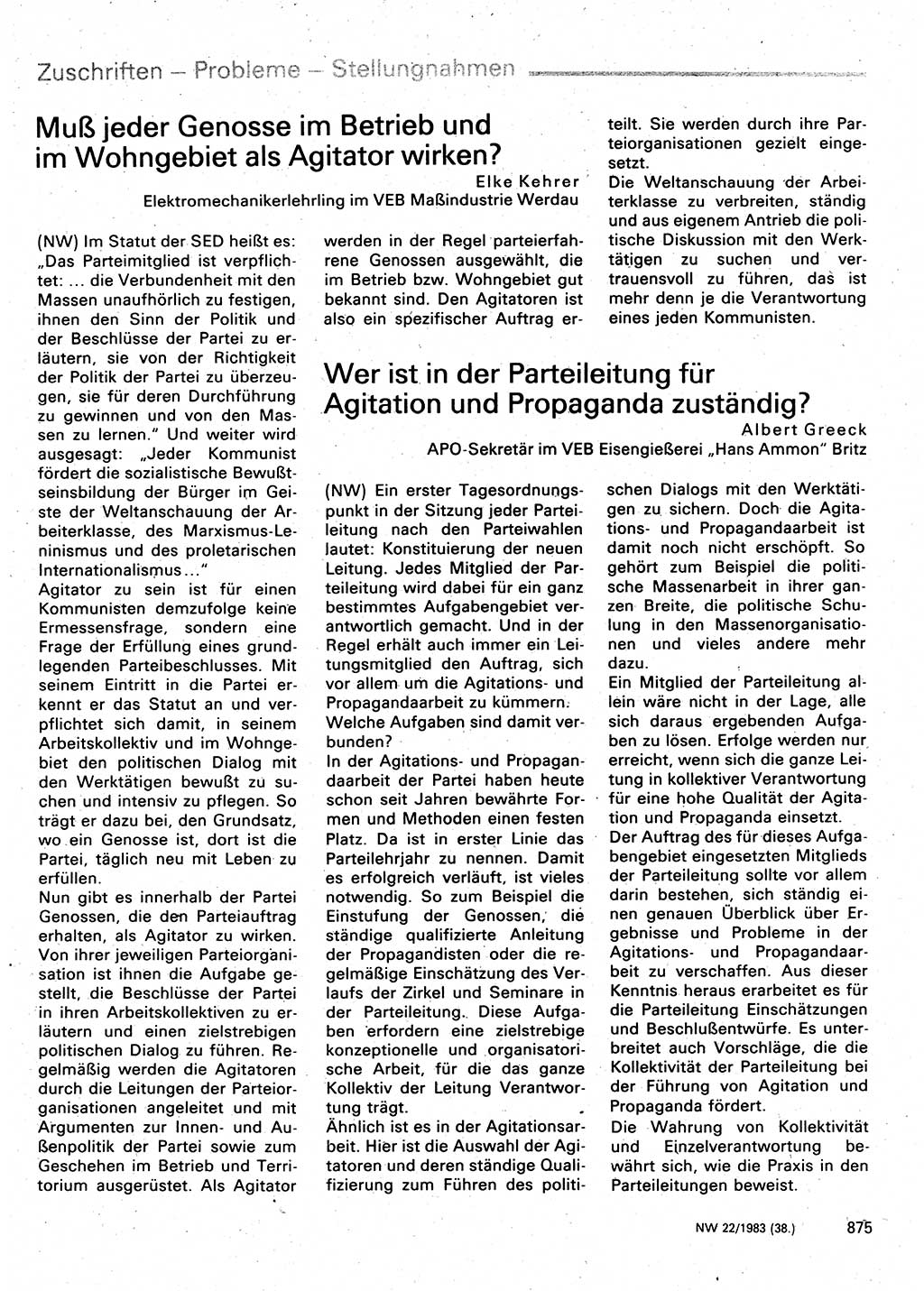 Neuer Weg (NW), Organ des Zentralkomitees (ZK) der SED (Sozialistische Einheitspartei Deutschlands) für Fragen des Parteilebens, 38. Jahrgang [Deutsche Demokratische Republik (DDR)] 1983, Seite 875 (NW ZK SED DDR 1983, S. 875)