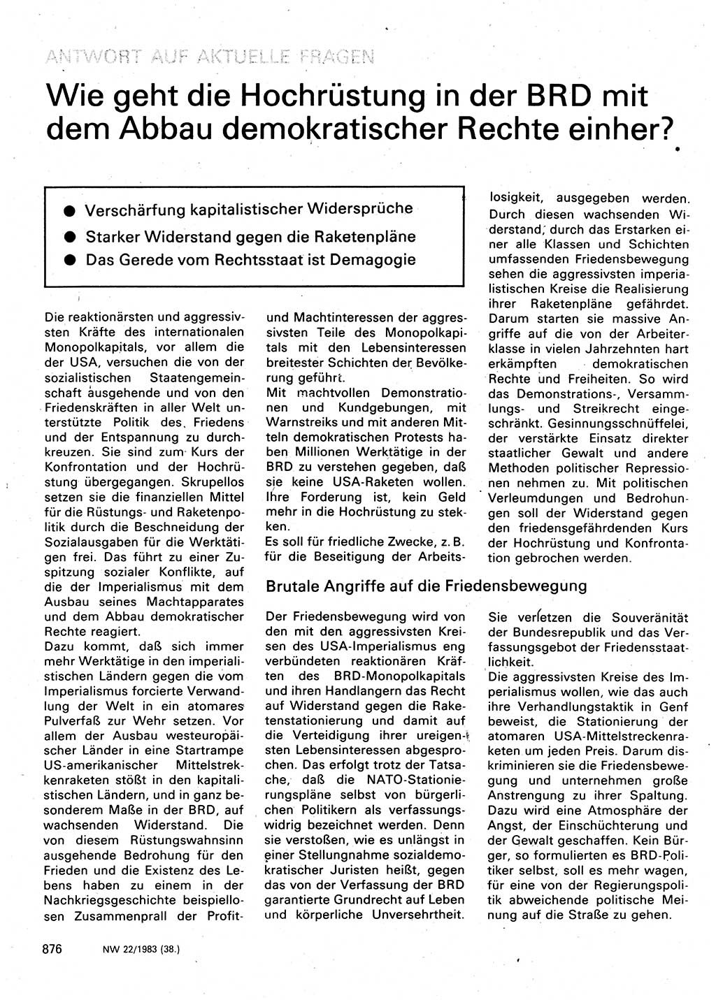 Neuer Weg (NW), Organ des Zentralkomitees (ZK) der SED (Sozialistische Einheitspartei Deutschlands) für Fragen des Parteilebens, 38. Jahrgang [Deutsche Demokratische Republik (DDR)] 1983, Seite 876 (NW ZK SED DDR 1983, S. 876)