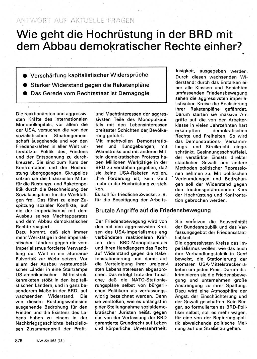 Neuer Weg (NW), Organ des Zentralkomitees (ZK) der SED (Sozialistische Einheitspartei Deutschlands) für Fragen des Parteilebens, 38. Jahrgang [Deutsche Demokratische Republik (DDR)] 1983, Seite 876 (NW ZK SED DDR 1983, S. 876)