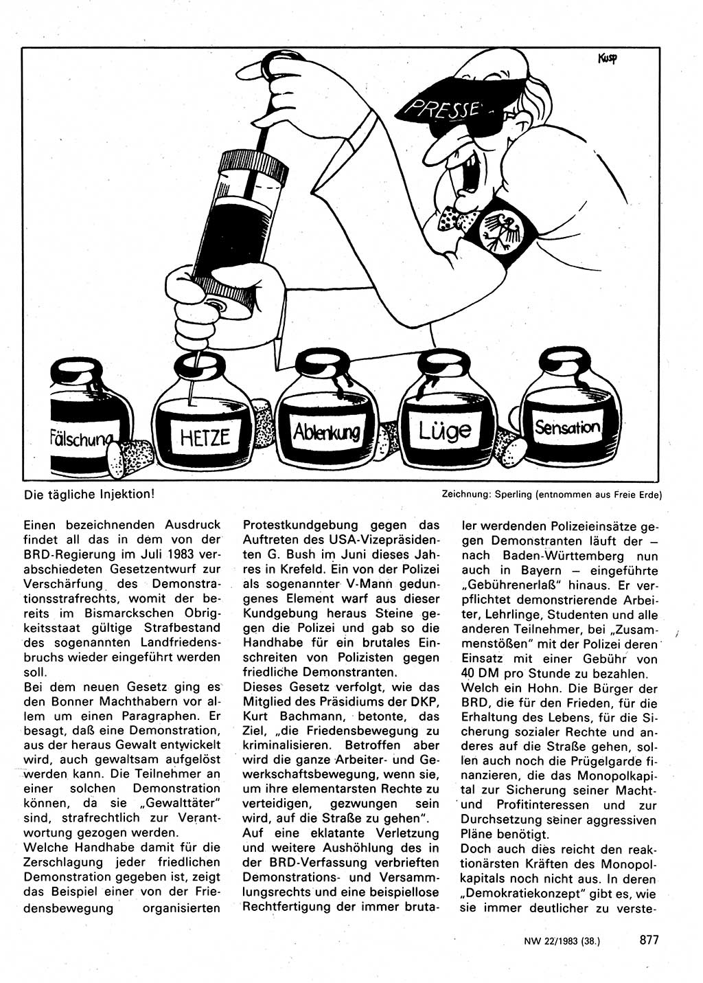 Neuer Weg (NW), Organ des Zentralkomitees (ZK) der SED (Sozialistische Einheitspartei Deutschlands) für Fragen des Parteilebens, 38. Jahrgang [Deutsche Demokratische Republik (DDR)] 1983, Seite 877 (NW ZK SED DDR 1983, S. 877)