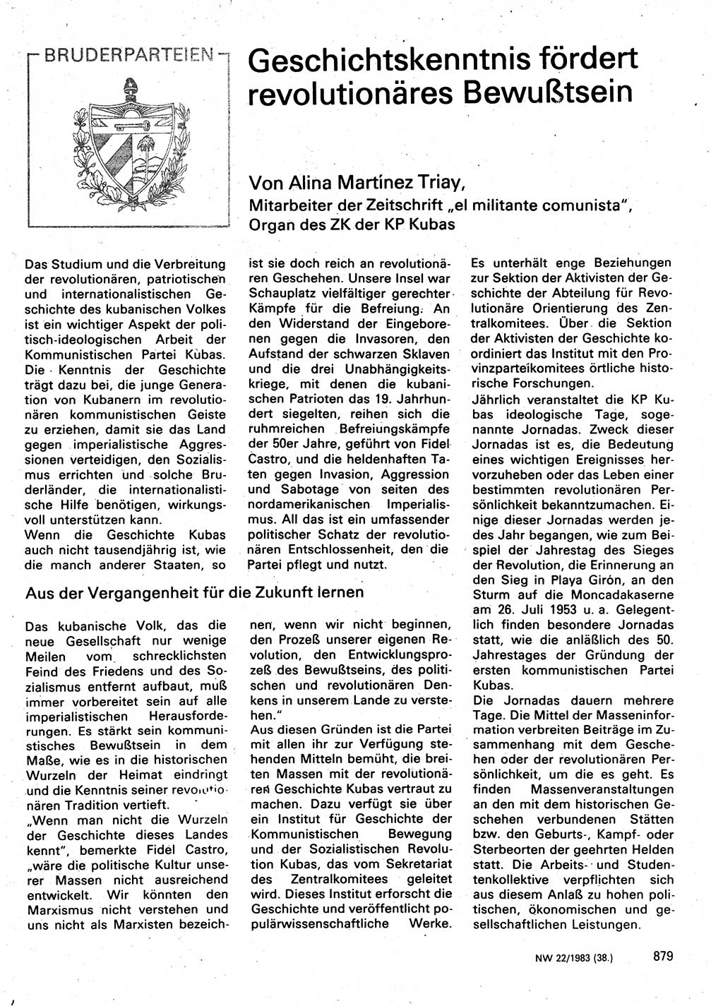 Neuer Weg (NW), Organ des Zentralkomitees (ZK) der SED (Sozialistische Einheitspartei Deutschlands) für Fragen des Parteilebens, 38. Jahrgang [Deutsche Demokratische Republik (DDR)] 1983, Seite 879 (NW ZK SED DDR 1983, S. 879)