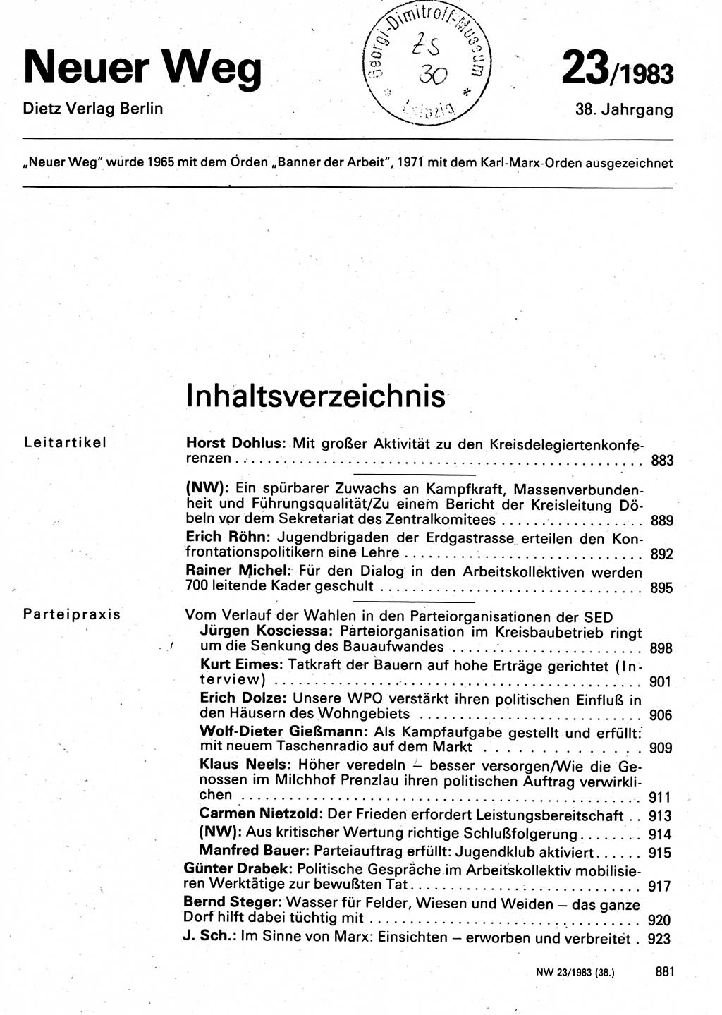 Neuer Weg (NW), Organ des Zentralkomitees (ZK) der SED (Sozialistische Einheitspartei Deutschlands) für Fragen des Parteilebens, 38. Jahrgang [Deutsche Demokratische Republik (DDR)] 1983, Seite 881 (NW ZK SED DDR 1983, S. 881)