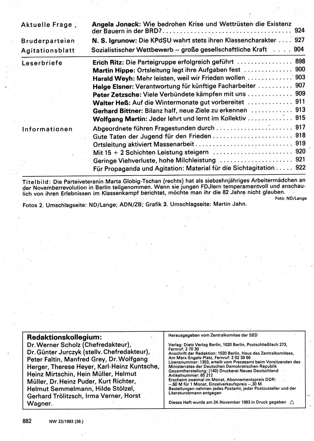 Neuer Weg (NW), Organ des Zentralkomitees (ZK) der SED (Sozialistische Einheitspartei Deutschlands) für Fragen des Parteilebens, 38. Jahrgang [Deutsche Demokratische Republik (DDR)] 1983, Seite 882 (NW ZK SED DDR 1983, S. 882)