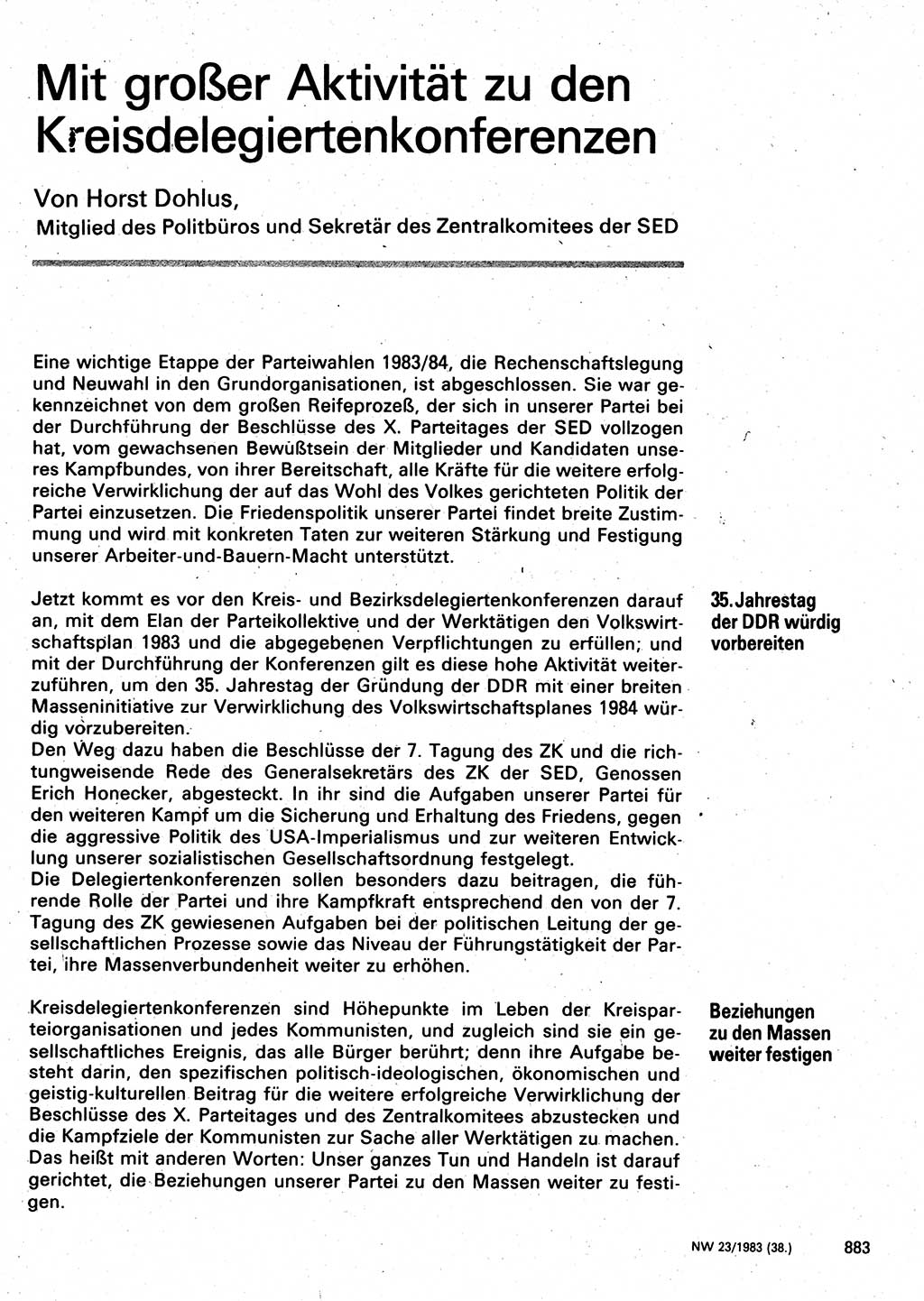 Neuer Weg (NW), Organ des Zentralkomitees (ZK) der SED (Sozialistische Einheitspartei Deutschlands) für Fragen des Parteilebens, 38. Jahrgang [Deutsche Demokratische Republik (DDR)] 1983, Seite 883 (NW ZK SED DDR 1983, S. 883)