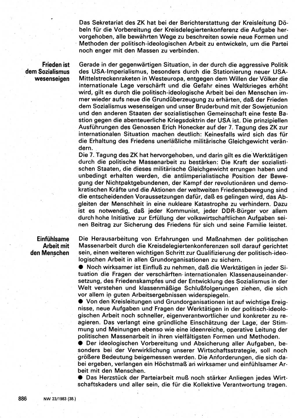 Neuer Weg (NW), Organ des Zentralkomitees (ZK) der SED (Sozialistische Einheitspartei Deutschlands) für Fragen des Parteilebens, 38. Jahrgang [Deutsche Demokratische Republik (DDR)] 1983, Seite 886 (NW ZK SED DDR 1983, S. 886)