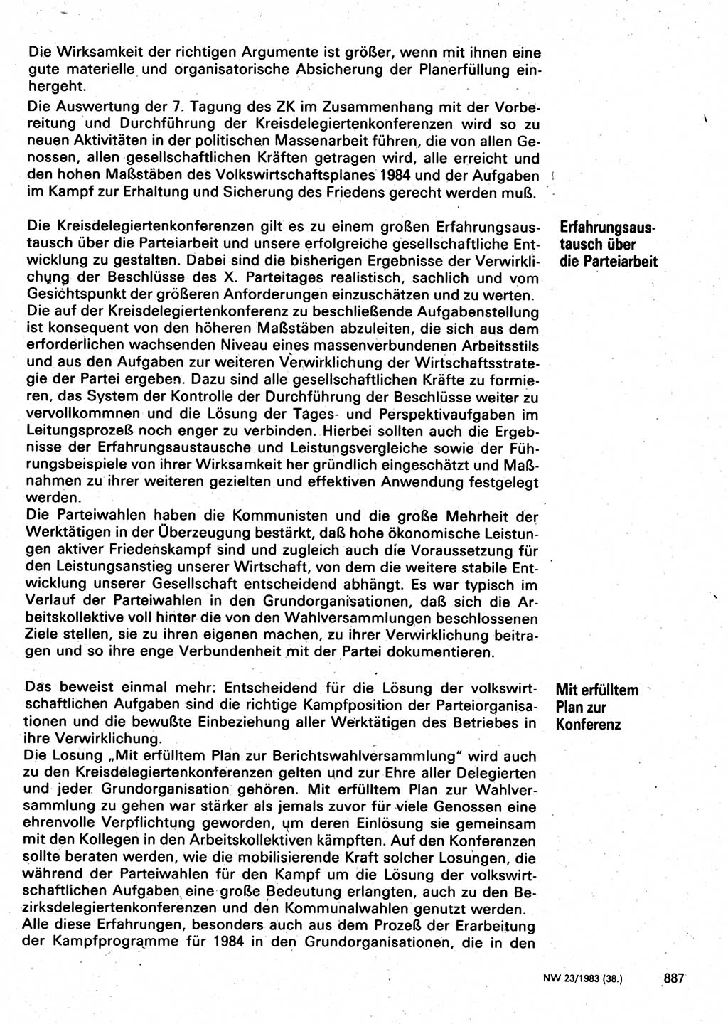 Neuer Weg (NW), Organ des Zentralkomitees (ZK) der SED (Sozialistische Einheitspartei Deutschlands) für Fragen des Parteilebens, 38. Jahrgang [Deutsche Demokratische Republik (DDR)] 1983, Seite 887 (NW ZK SED DDR 1983, S. 887)