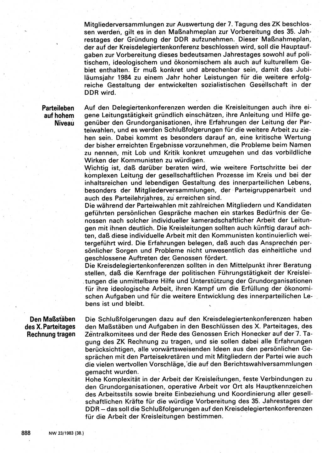 Neuer Weg (NW), Organ des Zentralkomitees (ZK) der SED (Sozialistische Einheitspartei Deutschlands) für Fragen des Parteilebens, 38. Jahrgang [Deutsche Demokratische Republik (DDR)] 1983, Seite 888 (NW ZK SED DDR 1983, S. 888)