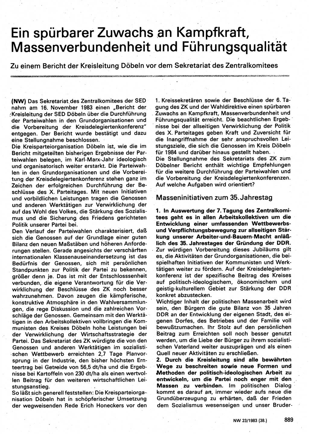 Neuer Weg (NW), Organ des Zentralkomitees (ZK) der SED (Sozialistische Einheitspartei Deutschlands) für Fragen des Parteilebens, 38. Jahrgang [Deutsche Demokratische Republik (DDR)] 1983, Seite 889 (NW ZK SED DDR 1983, S. 889)