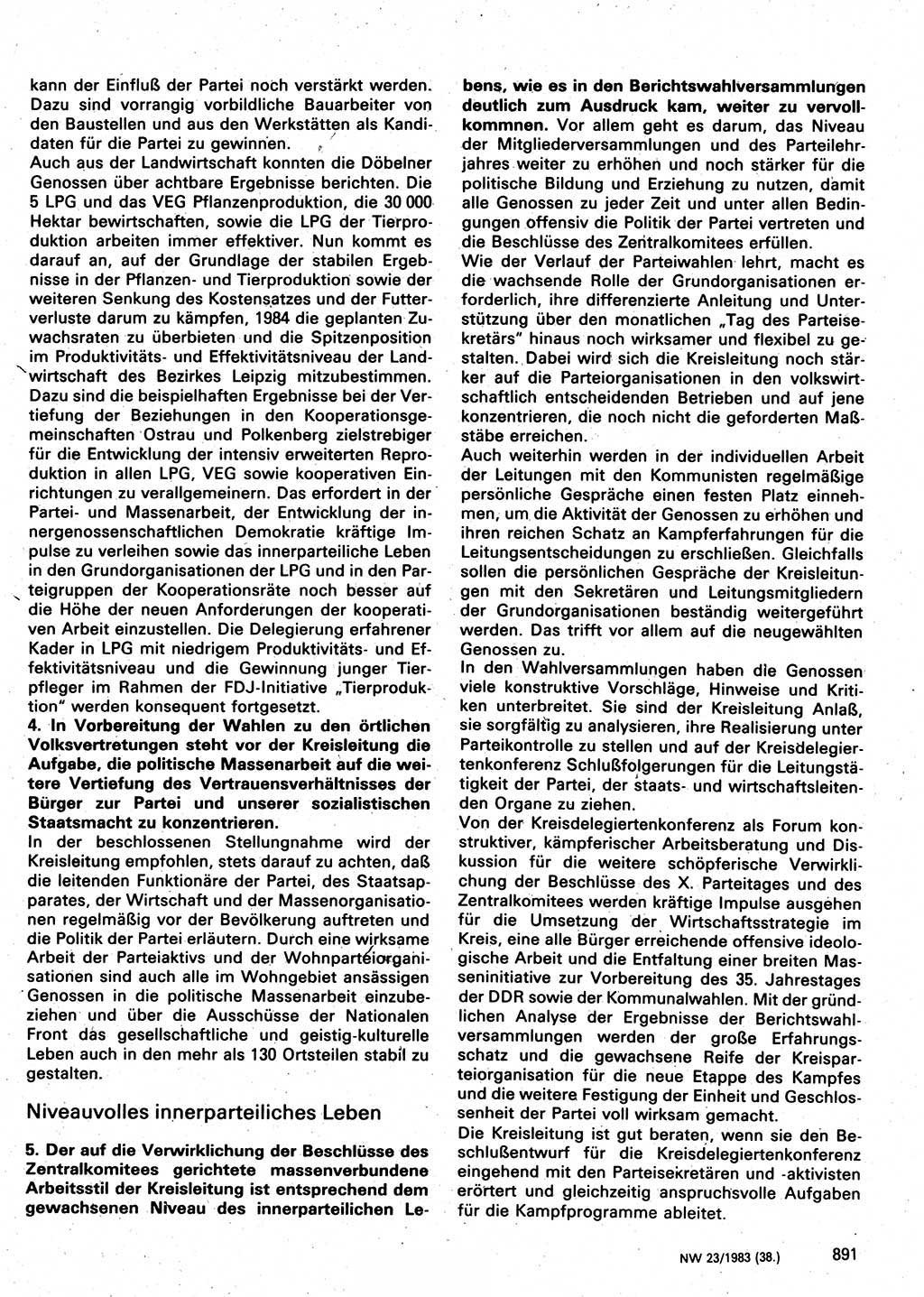 Neuer Weg (NW), Organ des Zentralkomitees (ZK) der SED (Sozialistische Einheitspartei Deutschlands) für Fragen des Parteilebens, 38. Jahrgang [Deutsche Demokratische Republik (DDR)] 1983, Seite 891 (NW ZK SED DDR 1983, S. 891)