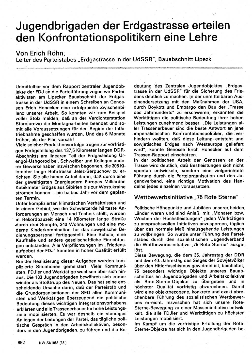 Neuer Weg (NW), Organ des Zentralkomitees (ZK) der SED (Sozialistische Einheitspartei Deutschlands) für Fragen des Parteilebens, 38. Jahrgang [Deutsche Demokratische Republik (DDR)] 1983, Seite 892 (NW ZK SED DDR 1983, S. 892)