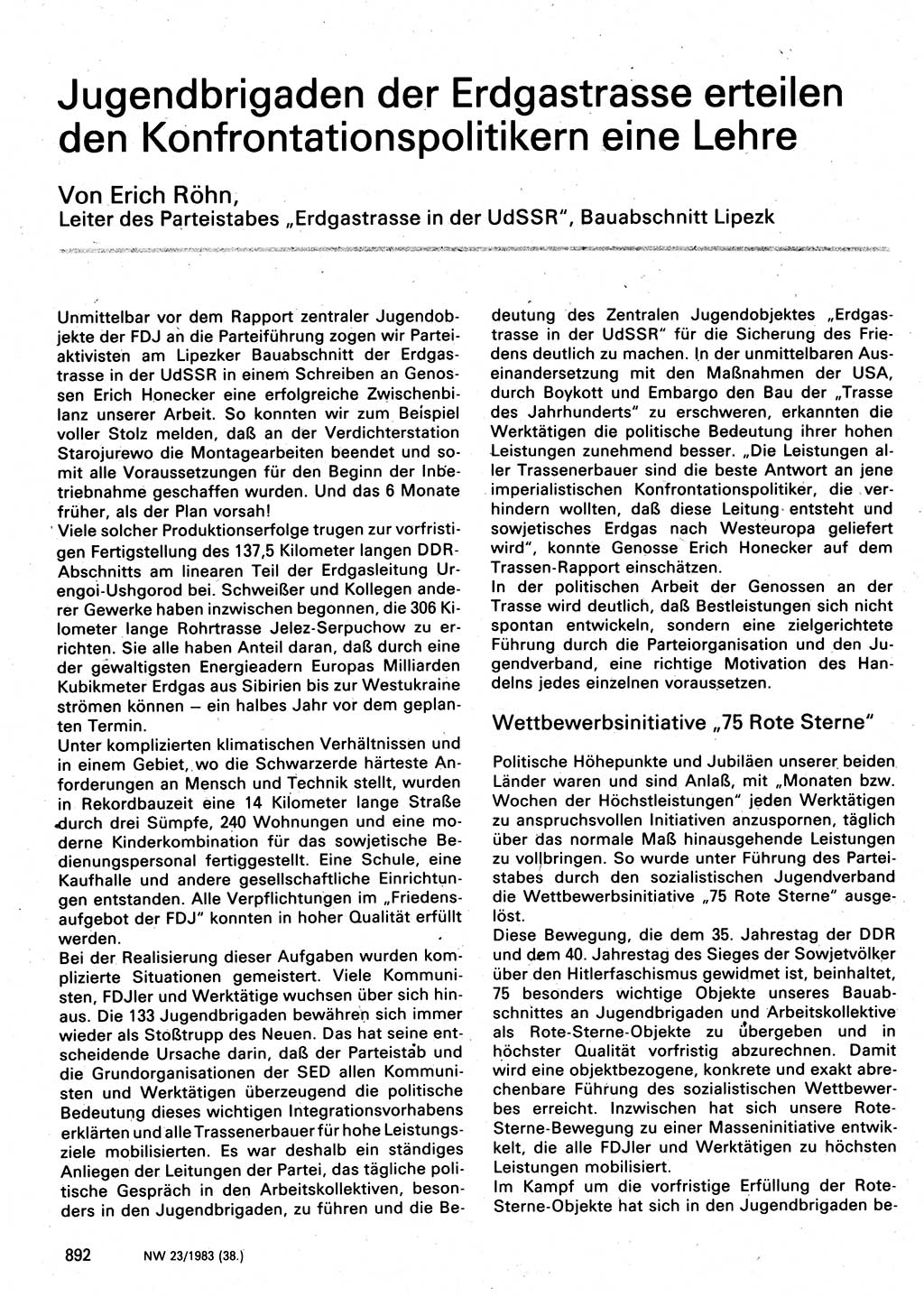 Neuer Weg (NW), Organ des Zentralkomitees (ZK) der SED (Sozialistische Einheitspartei Deutschlands) für Fragen des Parteilebens, 38. Jahrgang [Deutsche Demokratische Republik (DDR)] 1983, Seite 892 (NW ZK SED DDR 1983, S. 892)