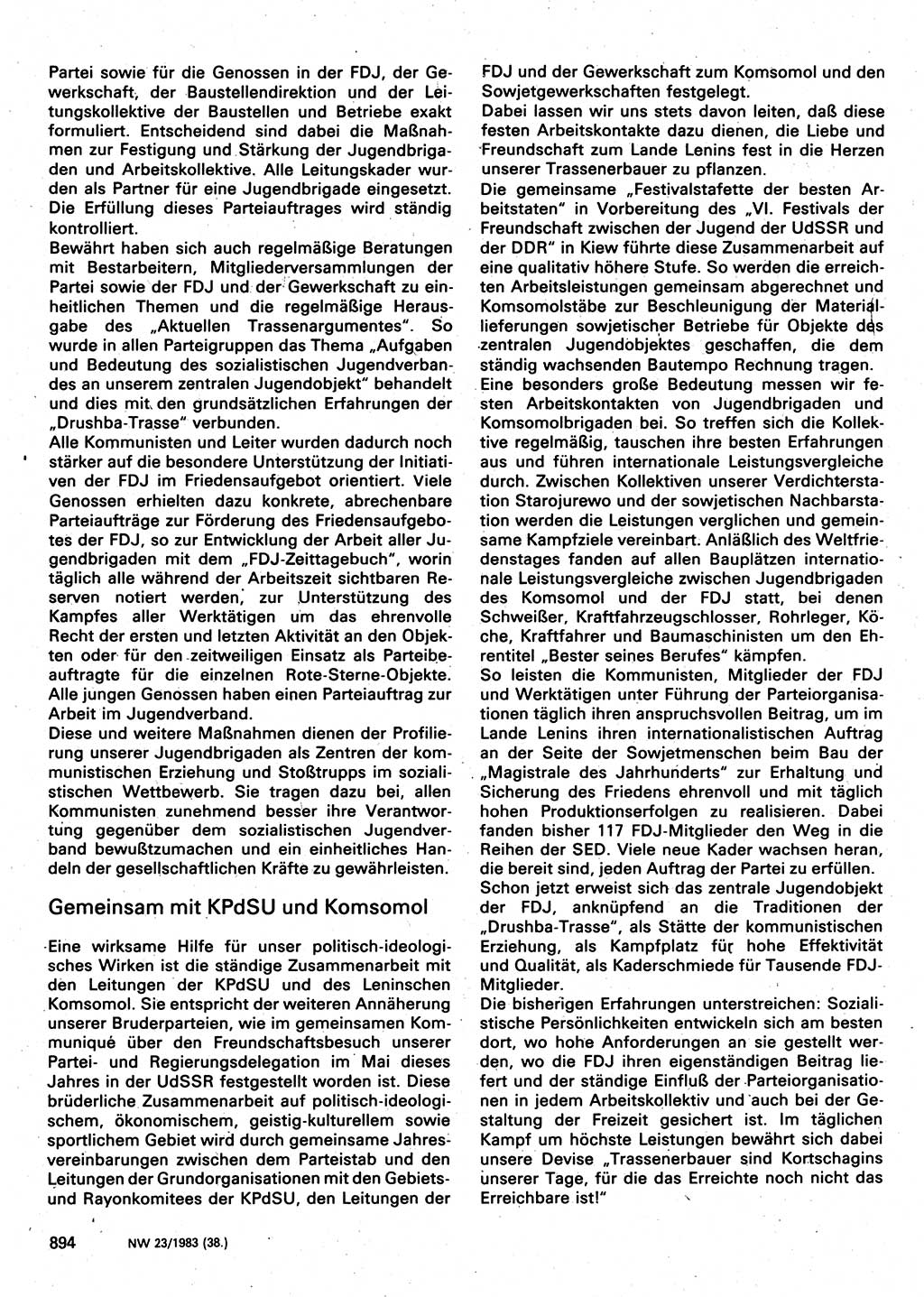 Neuer Weg (NW), Organ des Zentralkomitees (ZK) der SED (Sozialistische Einheitspartei Deutschlands) für Fragen des Parteilebens, 38. Jahrgang [Deutsche Demokratische Republik (DDR)] 1983, Seite 894 (NW ZK SED DDR 1983, S. 894)