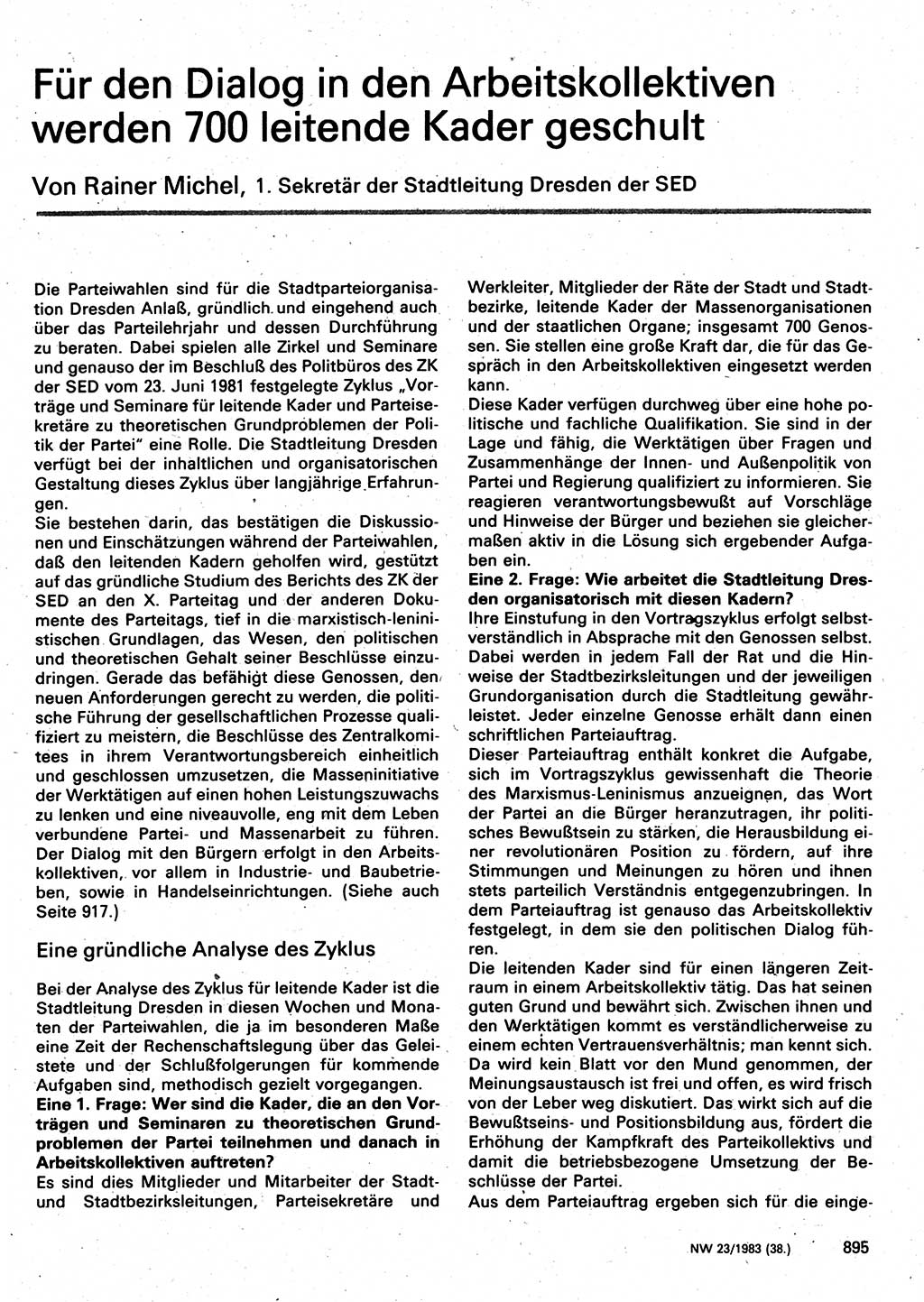 Neuer Weg (NW), Organ des Zentralkomitees (ZK) der SED (Sozialistische Einheitspartei Deutschlands) für Fragen des Parteilebens, 38. Jahrgang [Deutsche Demokratische Republik (DDR)] 1983, Seite 895 (NW ZK SED DDR 1983, S. 895)