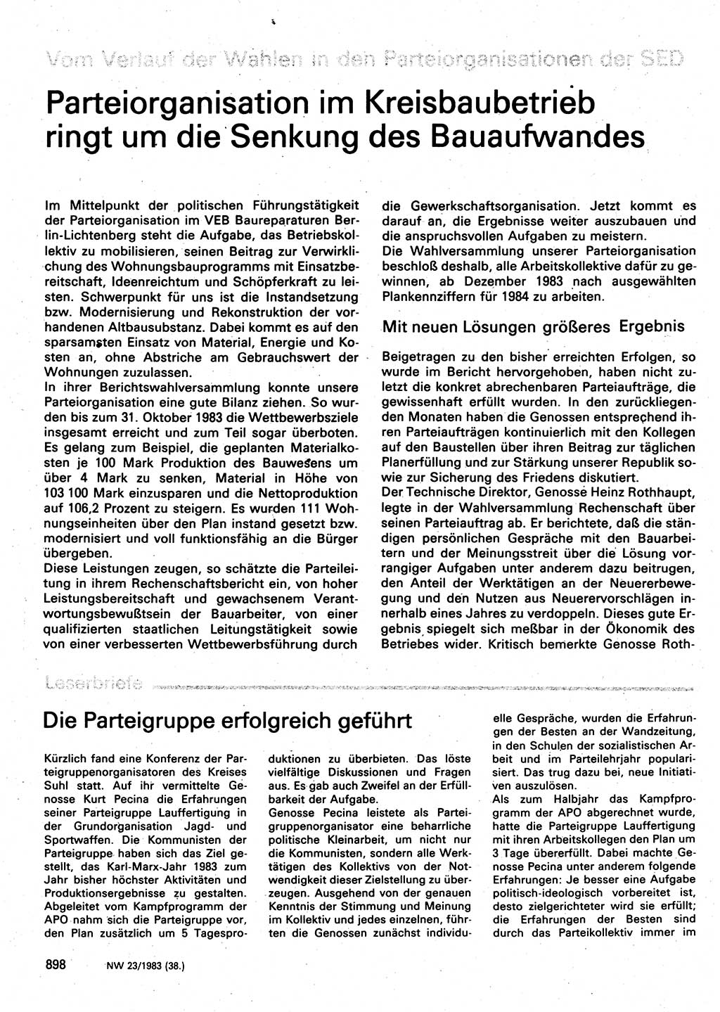 Neuer Weg (NW), Organ des Zentralkomitees (ZK) der SED (Sozialistische Einheitspartei Deutschlands) für Fragen des Parteilebens, 38. Jahrgang [Deutsche Demokratische Republik (DDR)] 1983, Seite 898 (NW ZK SED DDR 1983, S. 898)