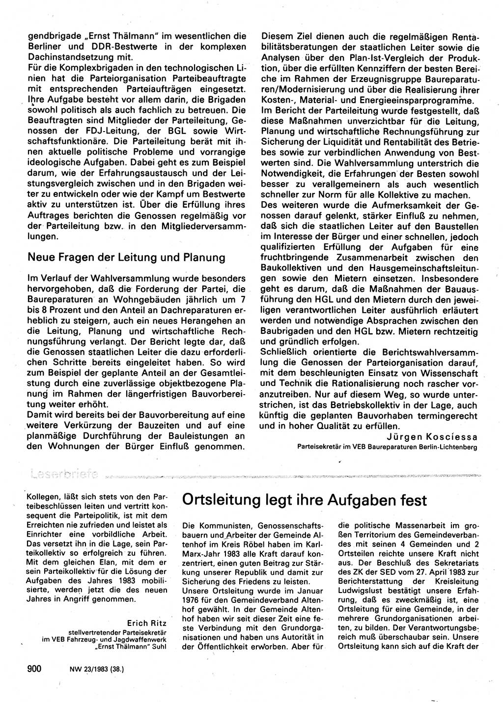 Neuer Weg (NW), Organ des Zentralkomitees (ZK) der SED (Sozialistische Einheitspartei Deutschlands) für Fragen des Parteilebens, 38. Jahrgang [Deutsche Demokratische Republik (DDR)] 1983, Seite 900 (NW ZK SED DDR 1983, S. 900)