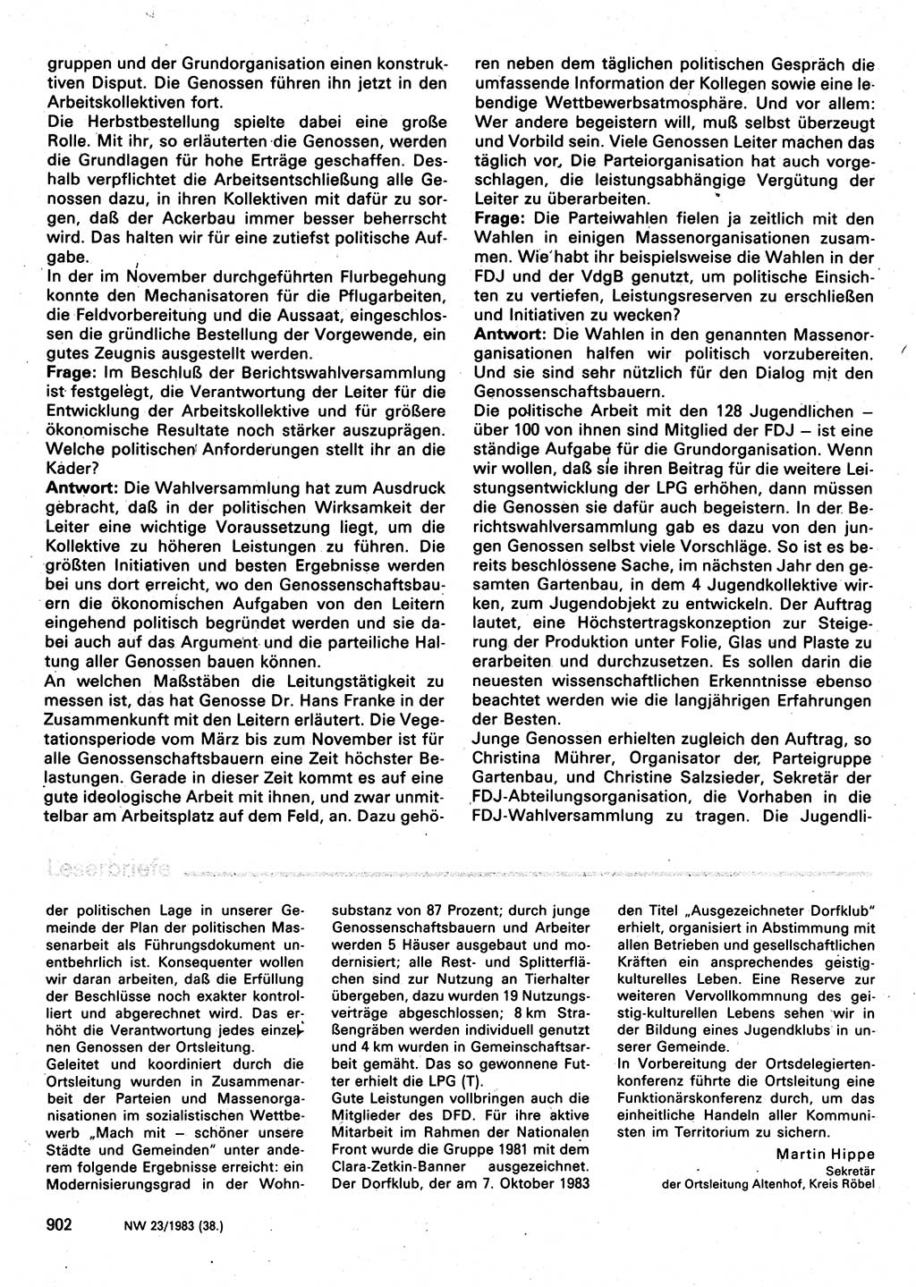 Neuer Weg (NW), Organ des Zentralkomitees (ZK) der SED (Sozialistische Einheitspartei Deutschlands) für Fragen des Parteilebens, 38. Jahrgang [Deutsche Demokratische Republik (DDR)] 1983, Seite 902 (NW ZK SED DDR 1983, S. 902)