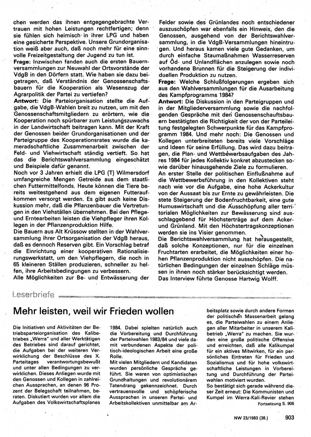 Neuer Weg (NW), Organ des Zentralkomitees (ZK) der SED (Sozialistische Einheitspartei Deutschlands) für Fragen des Parteilebens, 38. Jahrgang [Deutsche Demokratische Republik (DDR)] 1983, Seite 903 (NW ZK SED DDR 1983, S. 903)